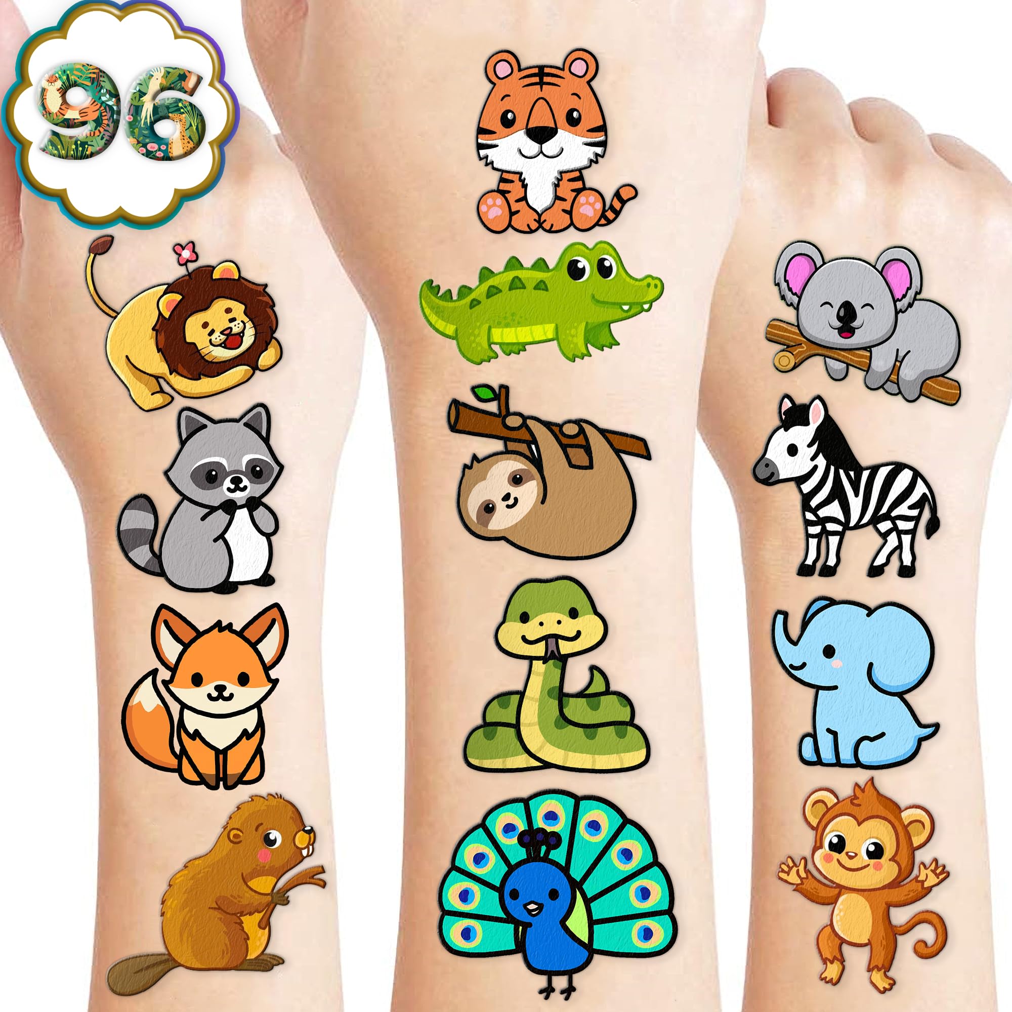 Zoo Pre-cut Temporary Tattoos (8 Sheets 96PCS) Jungles Party Decorations Supplies Favors Safari Animals Theme Birthday Cute Stickers Christmas Gifts for Boys Girls Class School Prizes Carnival