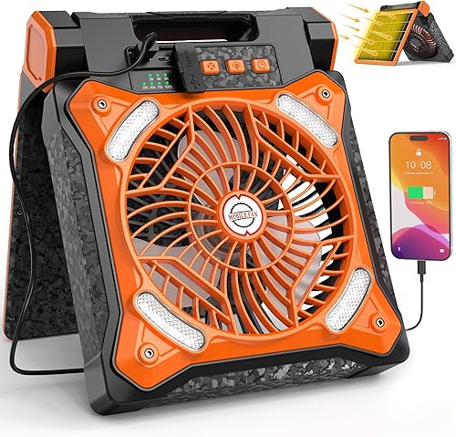 KITWLEMEN Ventilador solar de campamento mejorado con linterna, ventilador de batería recargable, tiempo de funcionamiento máximo de 36 horas, 4