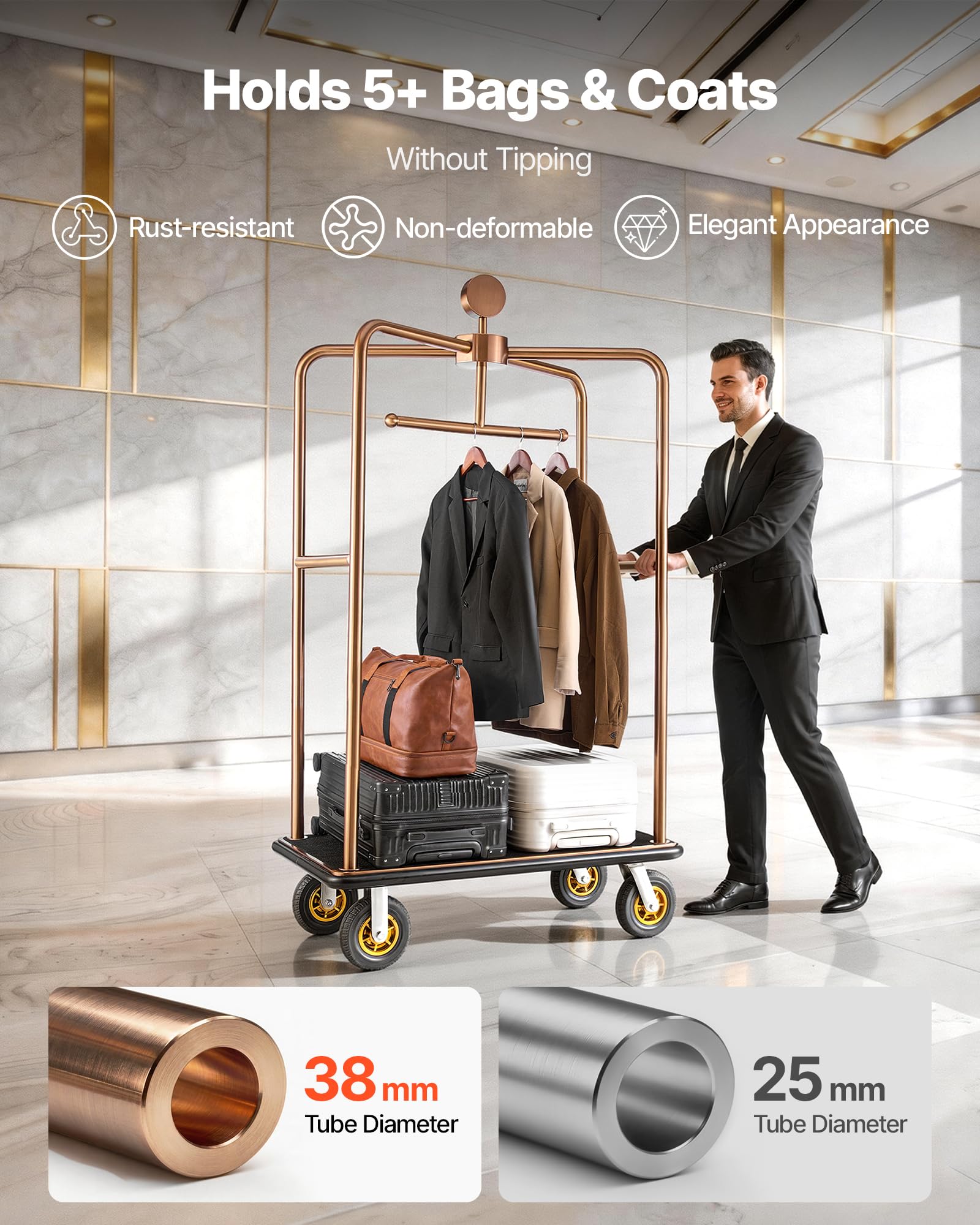 VEVOR Carrello Portabagagli per Hotel, Portata Max 544,31 kg, Carrello Bagagli Hotel con Telaio in Acciaio Inox, Ruote in Gomma da 203 mm, Pianale Rivestito in Moquette Nera, per Alberghi e Resort