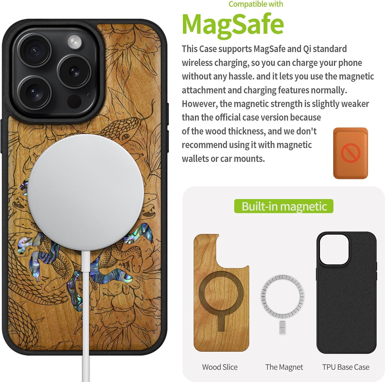 Carveit Magnetic Case for iPhone 16 Pro Case, Wood Artisan Engraved & Handmade Shell Inlaid, TPU Shockproof Cover, Compatible with MagSafe Wireless Chargers (The Medusa Enigma) Cherry
