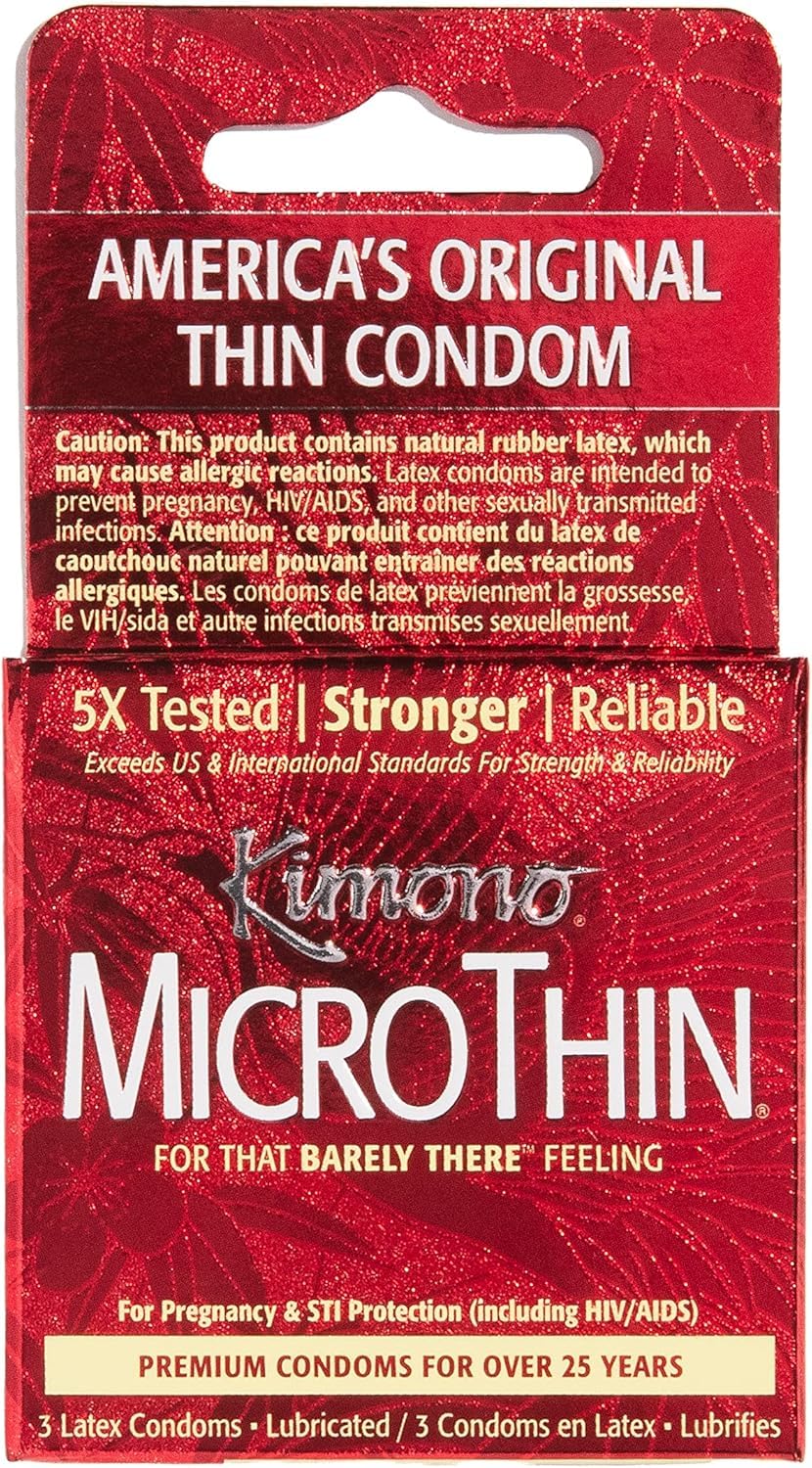 Kimono MicroThin Condoms Pack of 3 - Premium Lubricated Natural Latex Condoms, Thinnest, Vegan-Friendly, No Latex Odor - Thin, Strong, and Extra Sensitive