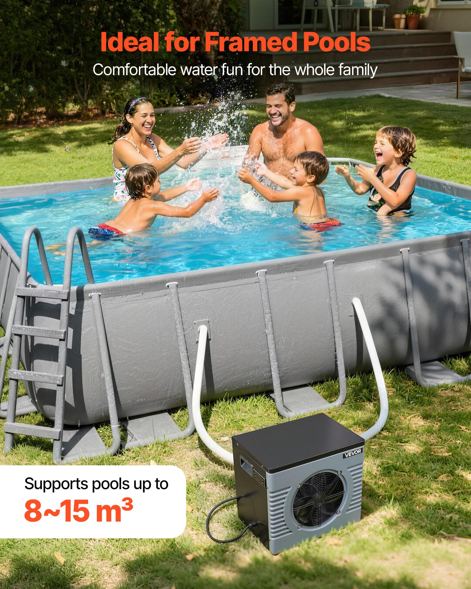 VEVOR Bomba de Calor para Piscina Elevada 4,16 kW 1 GPM 0,3-0,5 MPa, Calentador Eléctrico de Piscina de 8 a 15 m³, Bajo Nivel de Ruido, Temperatura de Calentamiento de 15 a 40 °C, para Natación