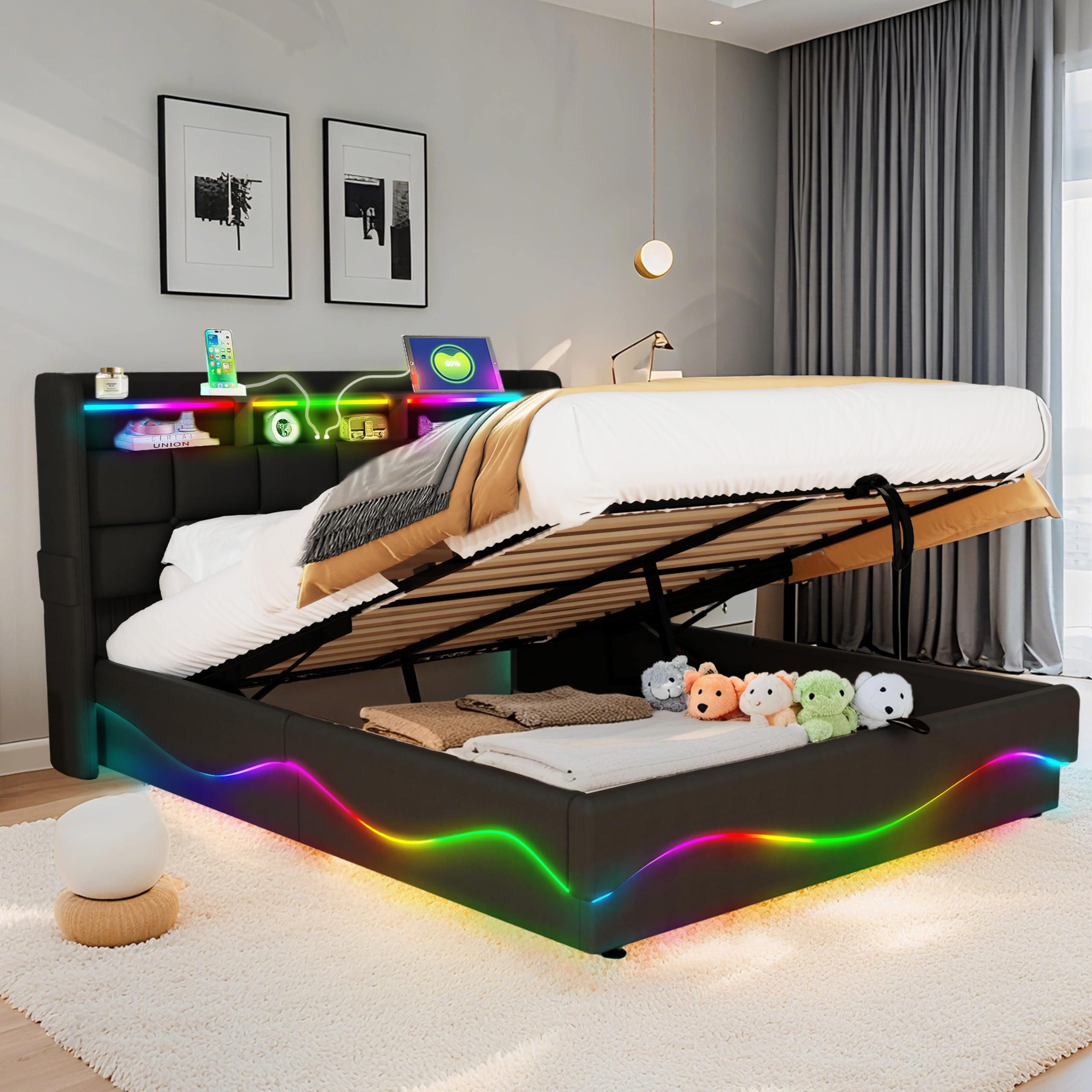 Cama de Almacenamiento Todo en Uno 140x200 cm con Luces LED, Estación de Carga USB/Type-C, Estantería para Cabecera y Gran Almacenamiento bajo la Cama, Cuero, Negro