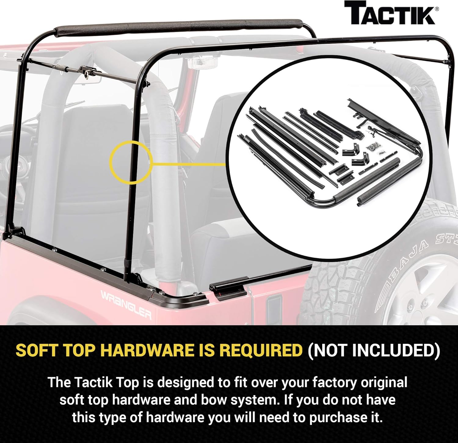 TACTIK Fabric Only Replacement Soft Top - Fits Jeep Wrangler 1988-1995 YJ - Custom-Fit Fabric Roof with Removable Side and Back Window (With Door Skins, Black Diamond)
