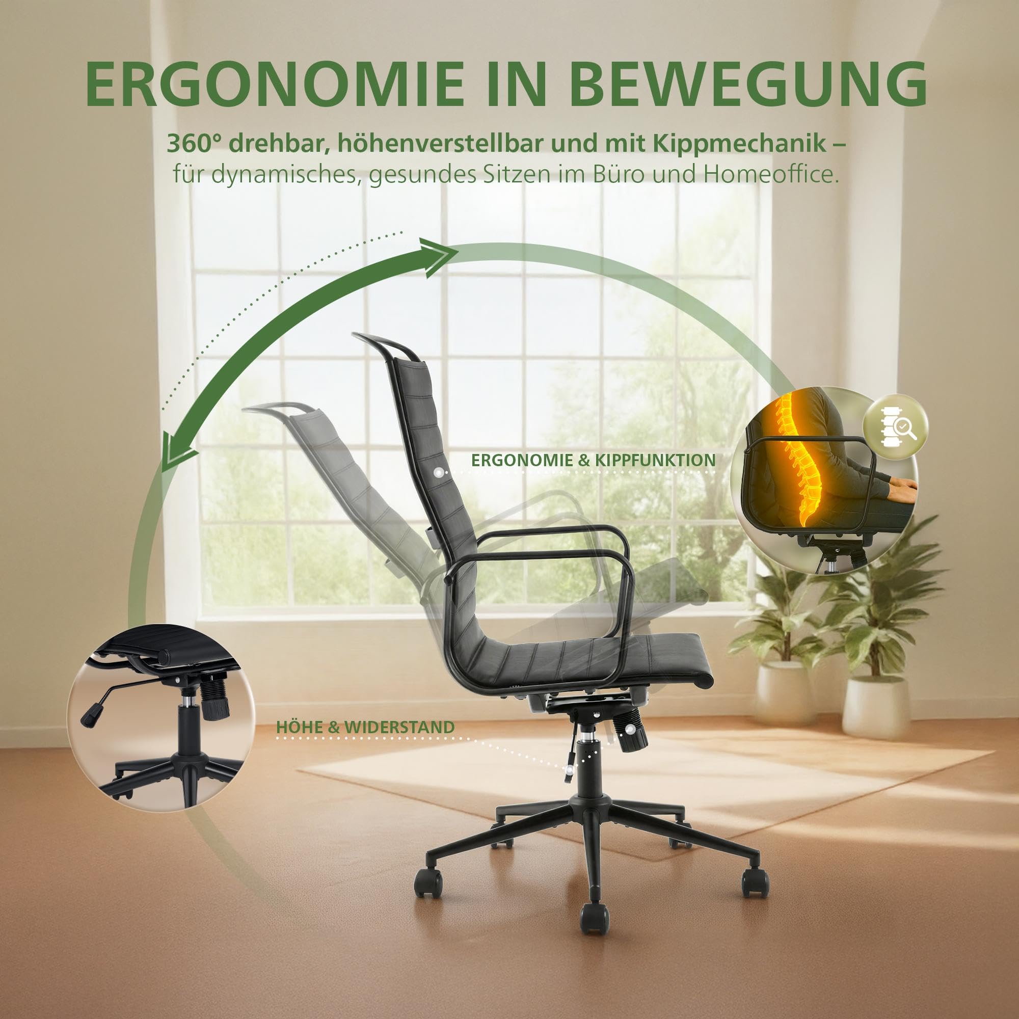CLP Bürostuhl ergonomisch Nelson, Schreibtischstuhl mit Wippmechanismus, höhenverstellbar und drehbar, Sitzfläche aus Kunstleder, Farbe:schwarz