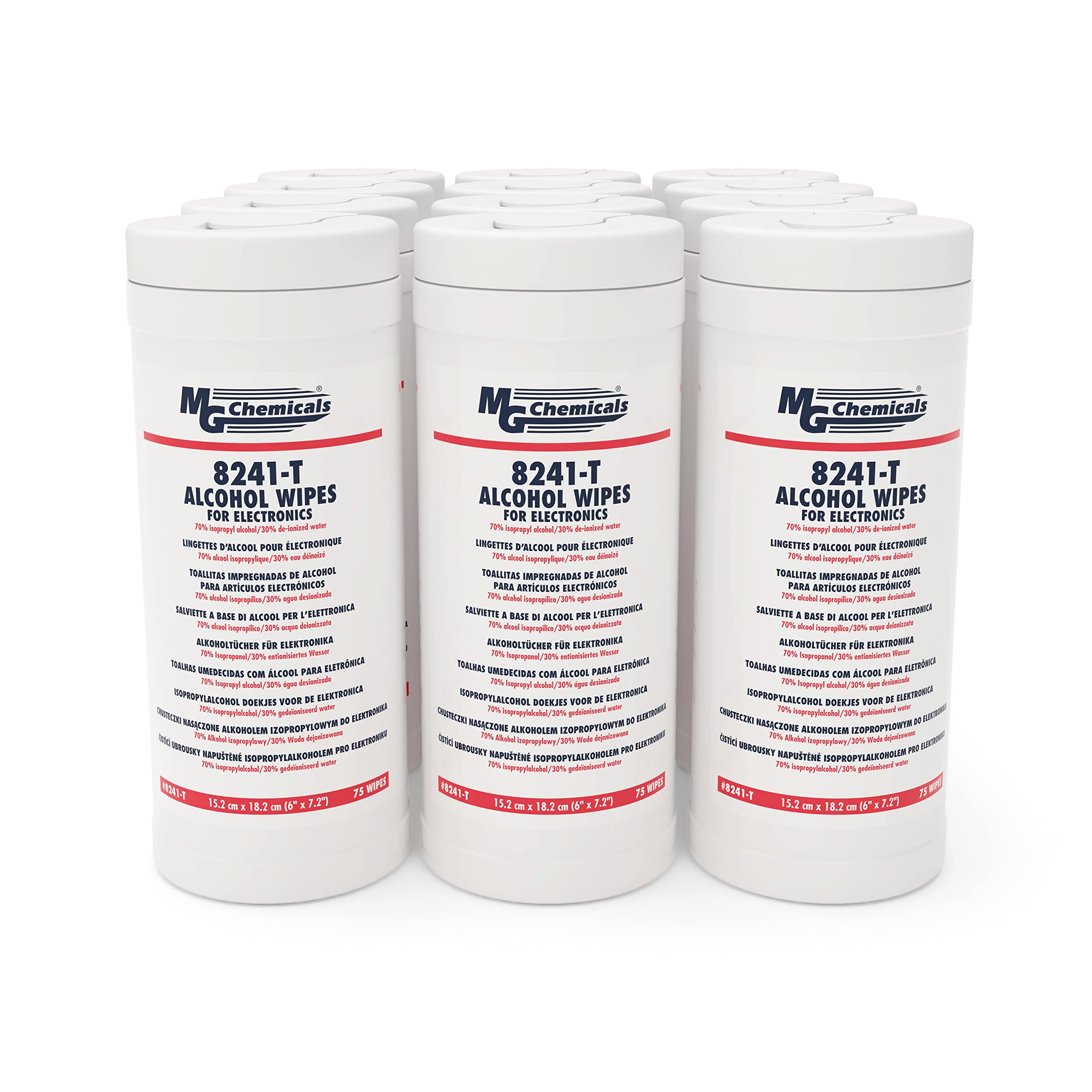 MG Chemicals 8241-T 70/30 IPA Multi-Use, food safe Cleaning, Presaturated Wipes for Surfaces, alcohol wipes (Pack of 12 Tubs)