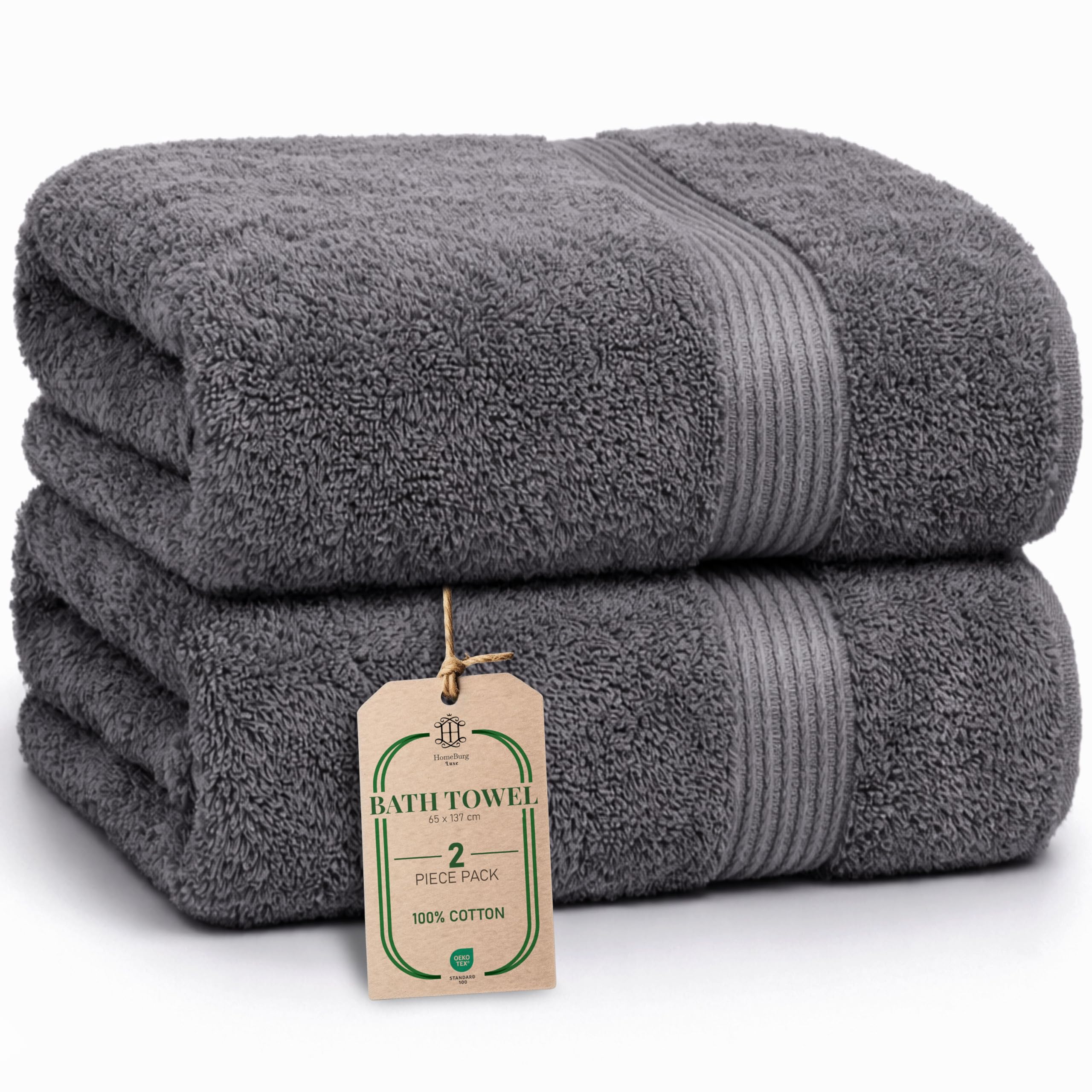 HomeBurg Luxe 2-Piece Bath Towel Set – Large Soft Cotton Towels, Absorbent, Durable & Skin-Friendly, Machine Washable, 65 x 137 cm, Dark Grey
