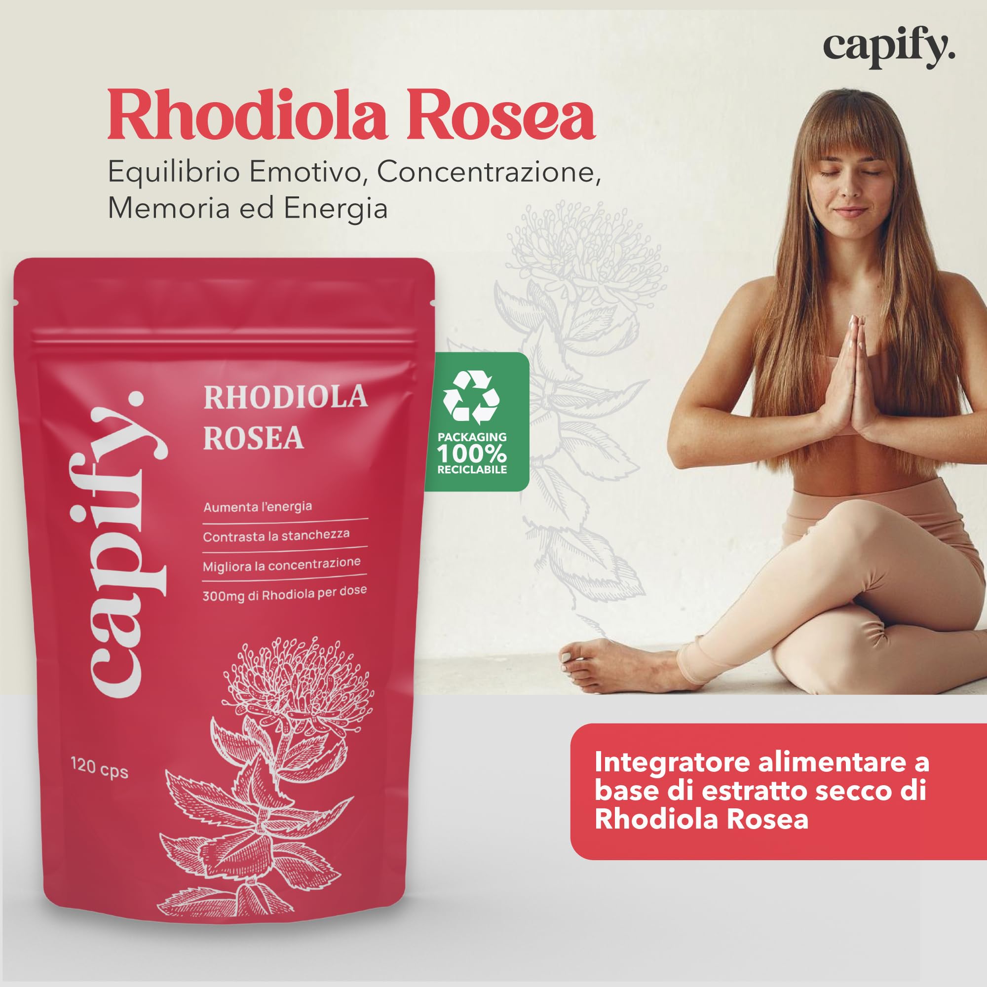 Capify. Rhodiola Rosea - Contro Stanchezza Fisica e Mentale - Estratto di Rodiola Rosea ad Alto Dosaggio - 120 capsule - Made in Italy
