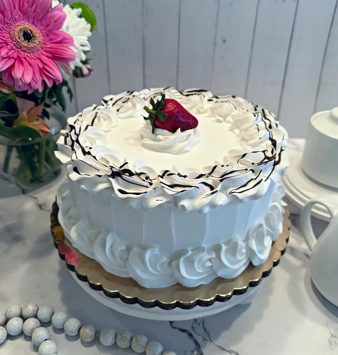 Realistic Vanilla Frosted Cake with Chocolate Drizzle & Strawberry Replica Prop Cake- Handmade by Dezicakes-Artificial for Decoration purpose only