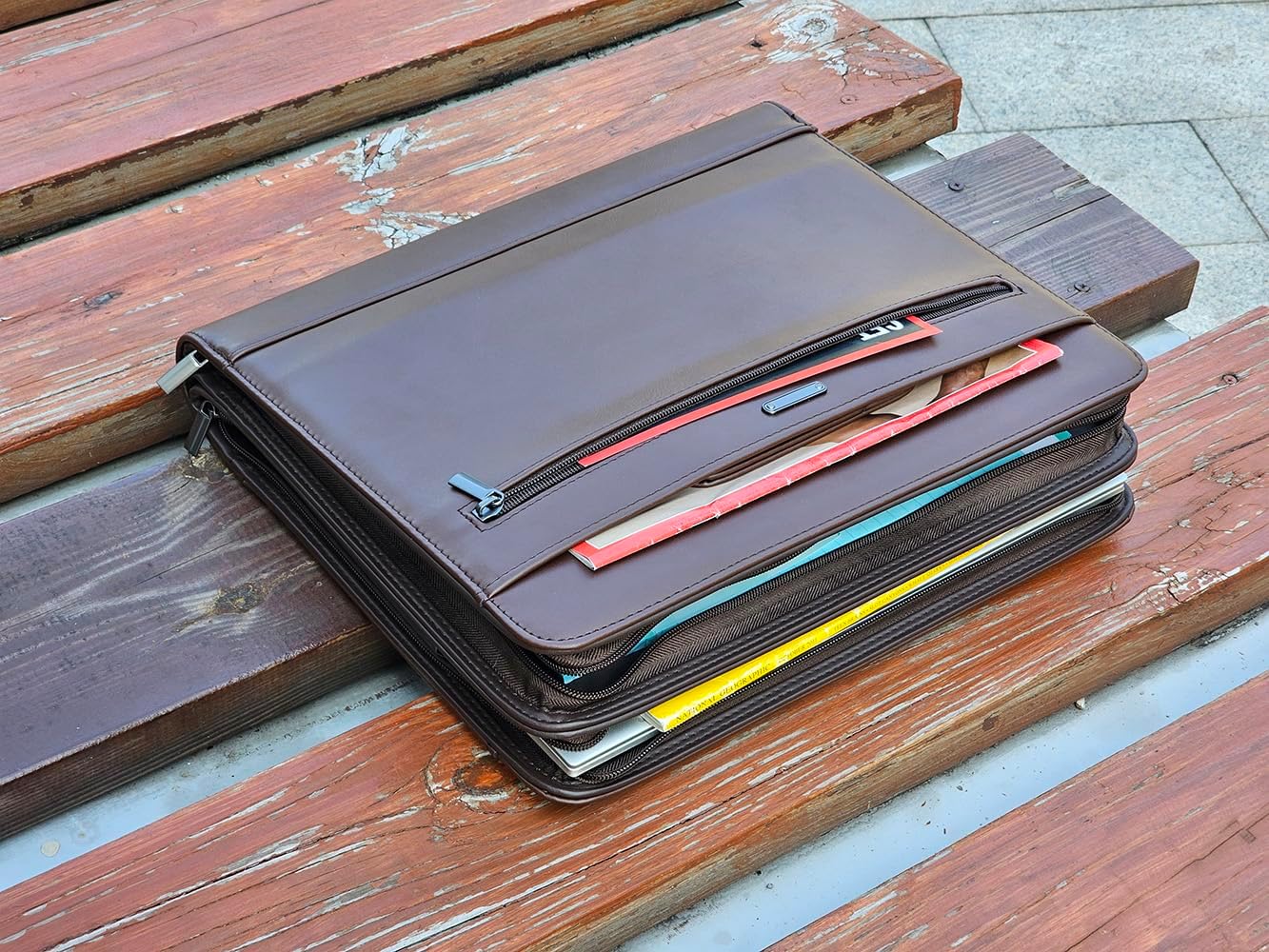 14" Laptop Briefcase, Vegan Leather Portfolio with Zipper Compartments x 2, A4 Papers Holder Padfolio Organizer