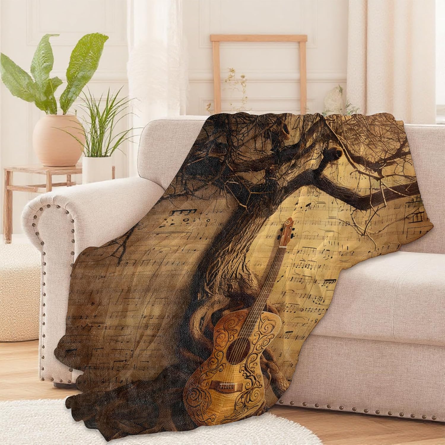 Retro Guitar and Tree Throw Blanket for Boys Girls Kids Music Lovers, Rustic Vintage Style, Fuzzy Warm Soft Cozy Flannel Blankets Gifts for Bedroom, Couch, Travel, Home Decor 50x60 in - Image 2