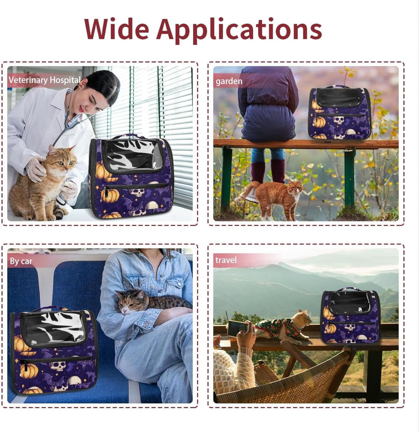 Portable Travel pet Backpack Carrier Hamster Bag Small Dog cat Carrier Breathable Hang Bag, Halloween Skulls Pumpkins Bats