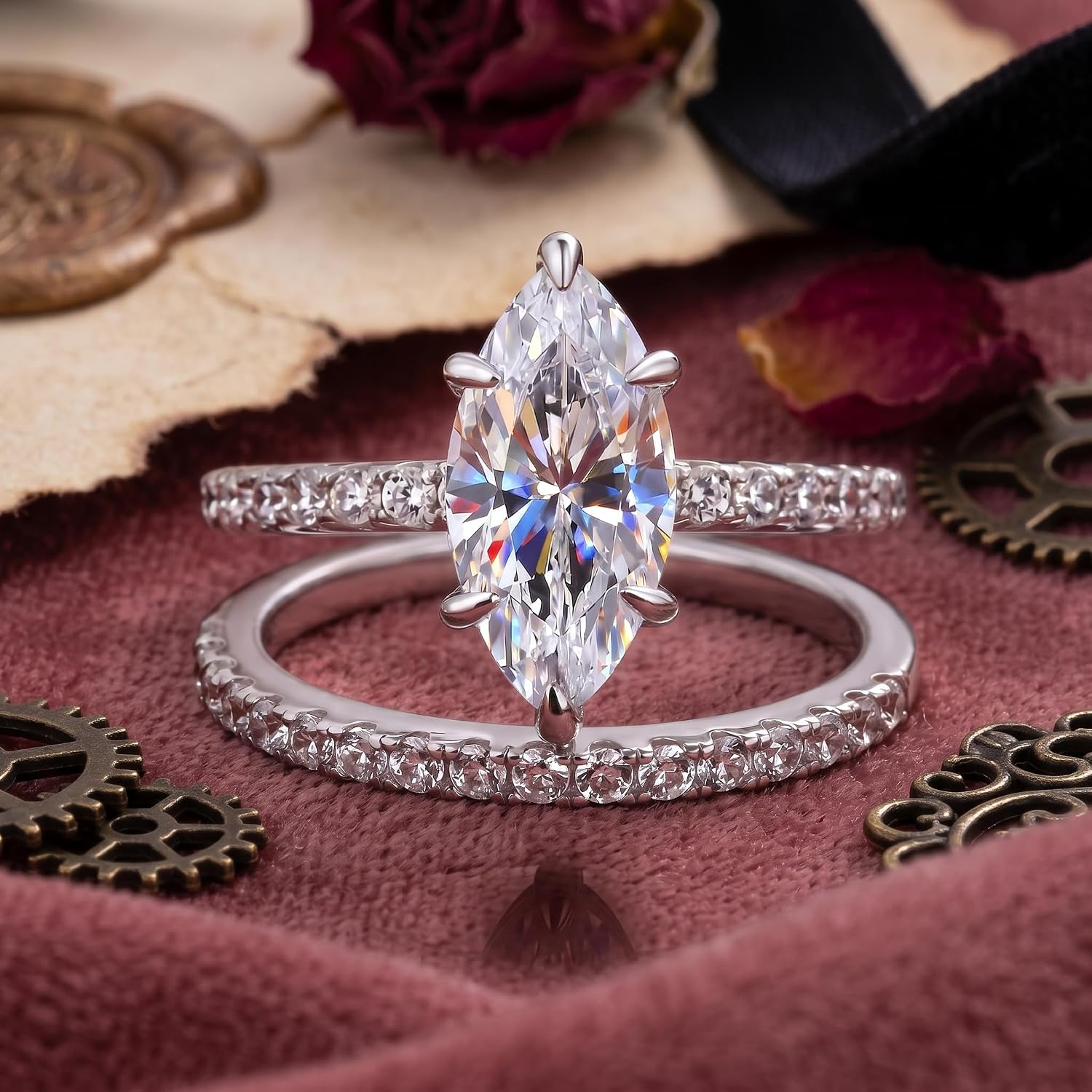 Marquise Cut Cubic Zirconia Bridal Ring Set for Women, 2-Piece Stackable Engagement Ring and Wedding Band, White Gold Tone