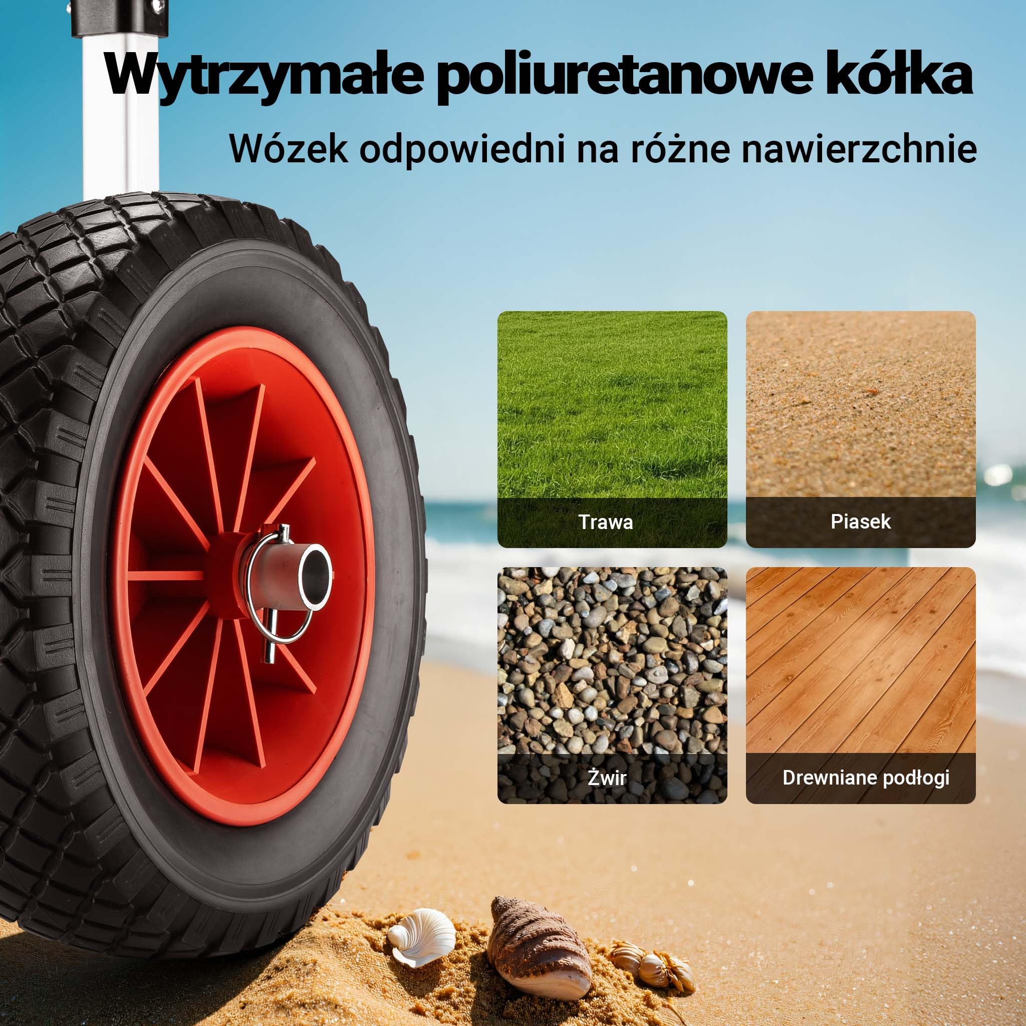 Regulowany aluminiowy wózek kajakowy Wiltec do 90 kg, wózek transportowy do łodzi, kajaków i kanoe, wózek surfingowy z poduszkami, ⌀22 cm koła PU i paski parciane