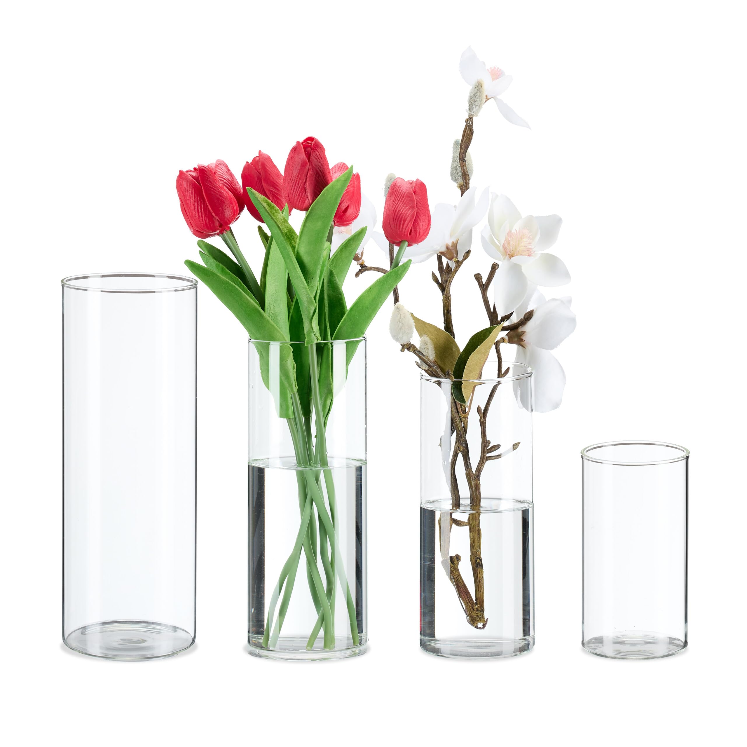Relaxdays Vasen aus Glas, 4 Blumenvasen in versch. Größen, Glasvasen für Blumen & Kerzen, Tischvasen Set, transparent