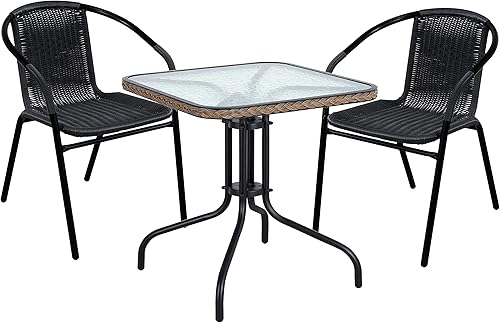 BTEXPERT Vidrio templado de 28 pulgadas para interiores y exteriores, borde negro + 2 pilas de restaurante, 2 sillas de ratán con una mesa cuadrada