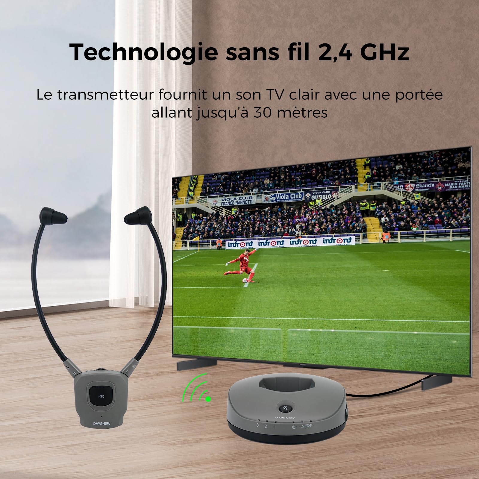 Casque sans Fil pour Regarder la Télévision – Seniors ou Perte Auditive, Portée 30 m, Clarté des Tons, Équilibre Gauche-Droite, 2,4 GHz, Optique/RCA/3,5 mm pour TV Samsung, LG, Sony