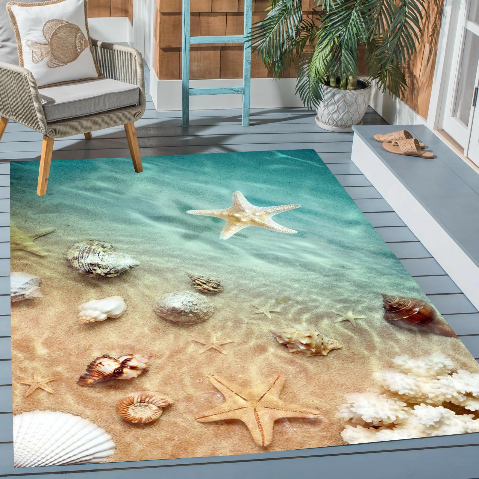 Luxury Coastal Outdoor Rug 3D Coral Starfish Texture Waterproof Ocean Beach Outside Carpet for Patio Deck Garden Balcony Porch Machine Washable Non