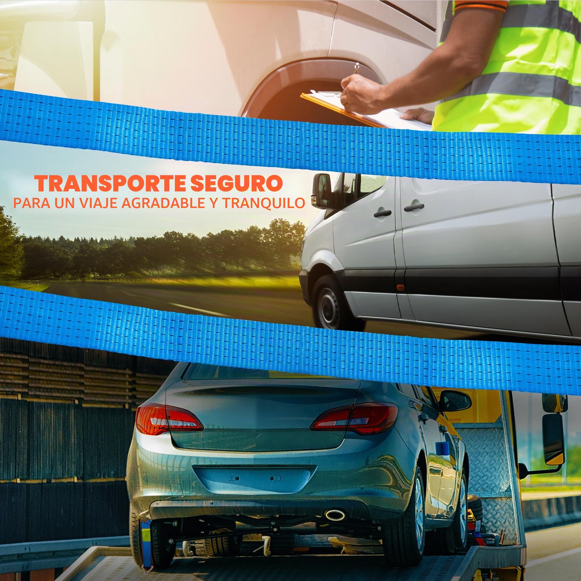 NTG Juego de 4 correas tensoras para transporte de coche, 2500 mm de largo, hasta 5000 kg, con manguera de agarre y ganchos giratorios, protección para ruedas, correa, coche, correas para neumáticos