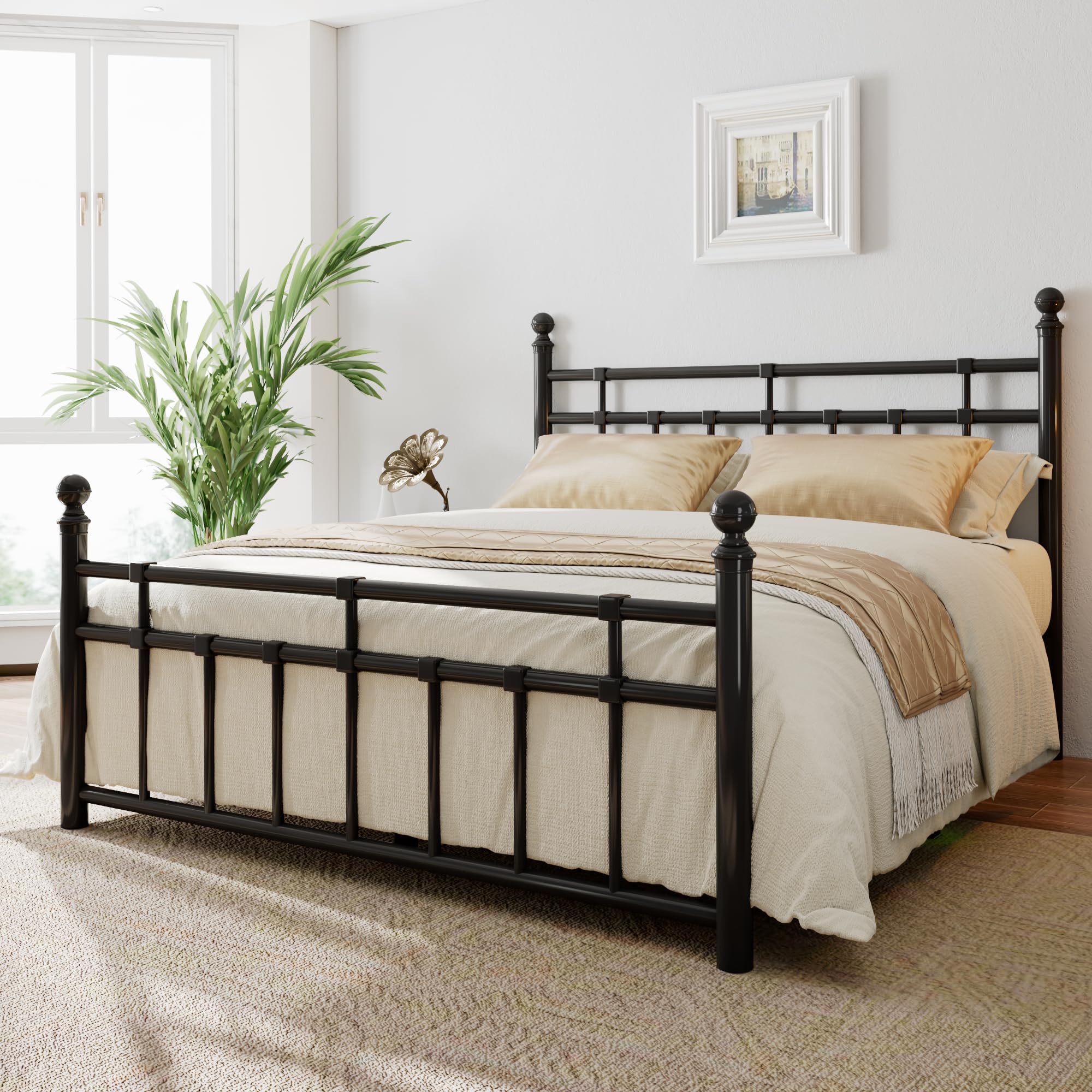 iPormis Metal Bed Frame Queen Size with Vintage Headboard and Footboard, Farmhouse Queen Bed Frame, Under Bed Storage, No Box Spring Needed,