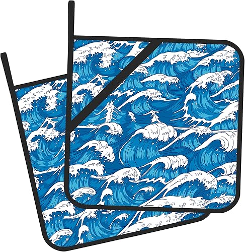 Gearsly Juego de 2 agarraderas para ollas, estilo japonés, con ondas azules, resistentes al calor, para barbacoa, cocinar, hornear, comida caliente