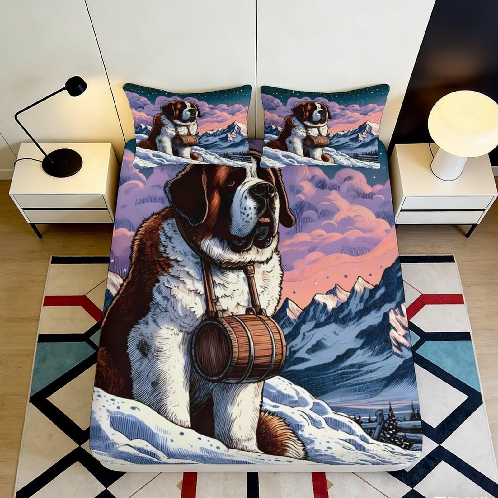Pnayamiorkfel Style-4 3D Printed Mountain Sunset St Bernard Fitted Sheet Microfiber Mattress Cover For Bedroom Dorm Decor Protection 90X200x25cm