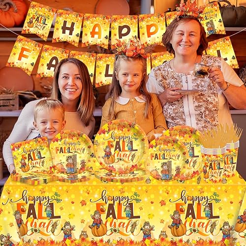 Miniatura 2 de Juego de 142 platos y servilletas de Acción de Gracias, decoración de fiesta de espantapájaros, vajilla desechable, hojas de arce, cosecha de