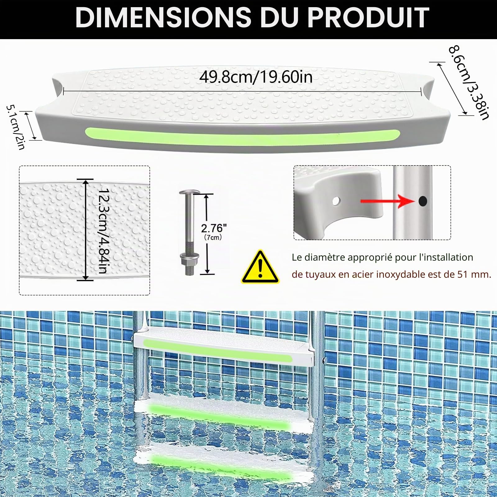 Lot de 3 marches de rechange pour échelle de piscine avec bandes réfléchissantes - Échelle de rechange pour marches droites de piscine - Échelle de rechange antidérapante pour piscine