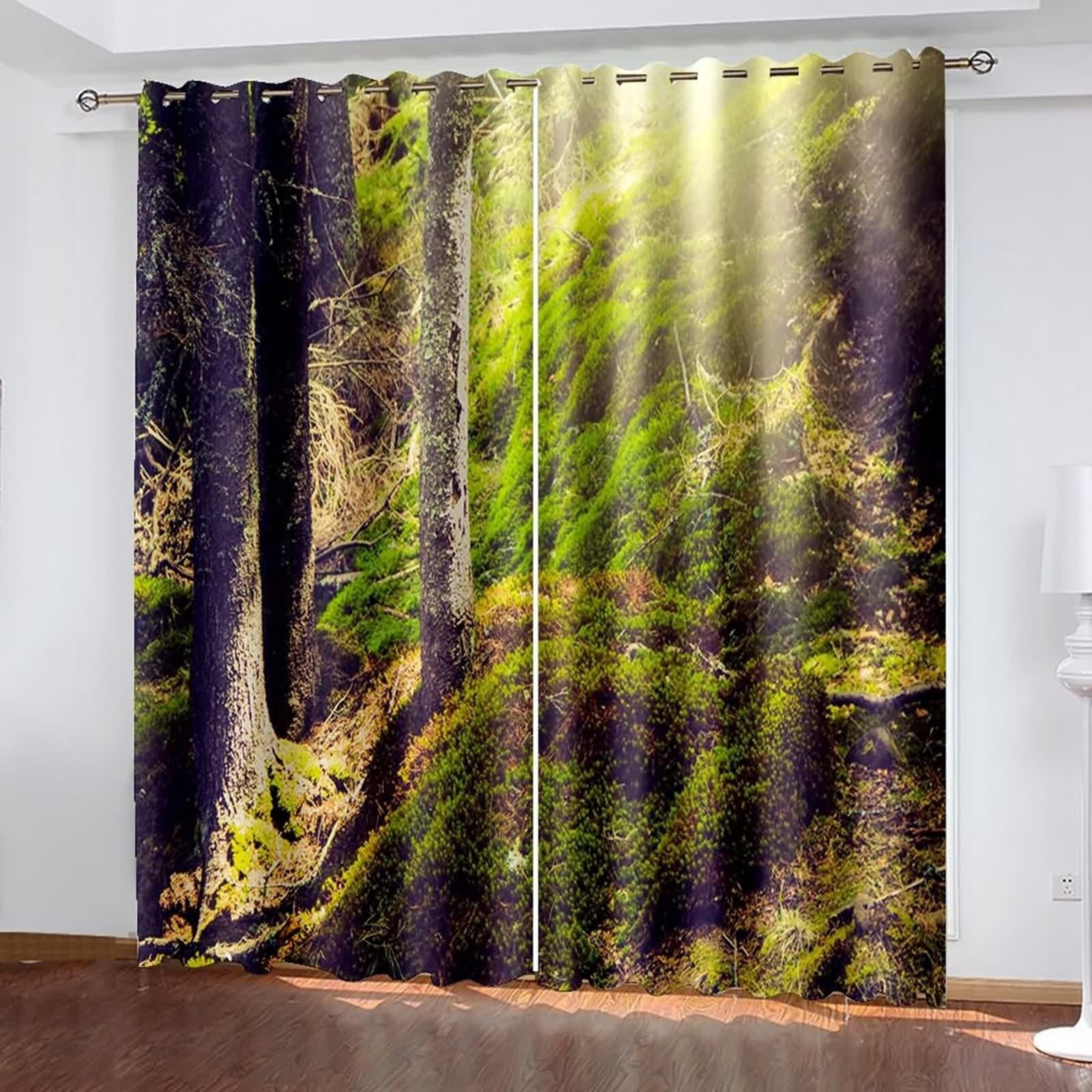 Rideaux Verts, Rideau Cuisine Long Polyester Les Arbres et La Lumière du Soleil 132L x 160H CM Lot de 2