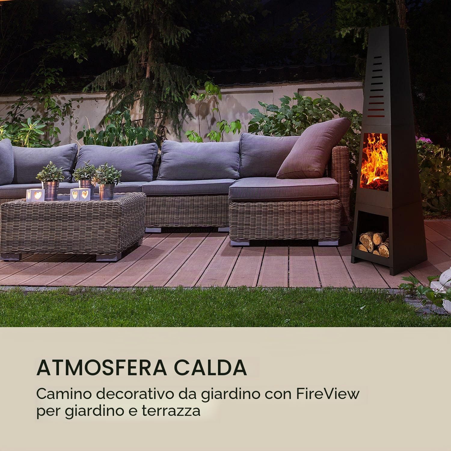 Blumfeldt Monument - Camino da Giardino, Caminetto da Esterno, Stufa, Acciaio, FireView, Stiva per Legna, Griglia a Carbone e Attizzatoio, Antiribaltamento, Nero
