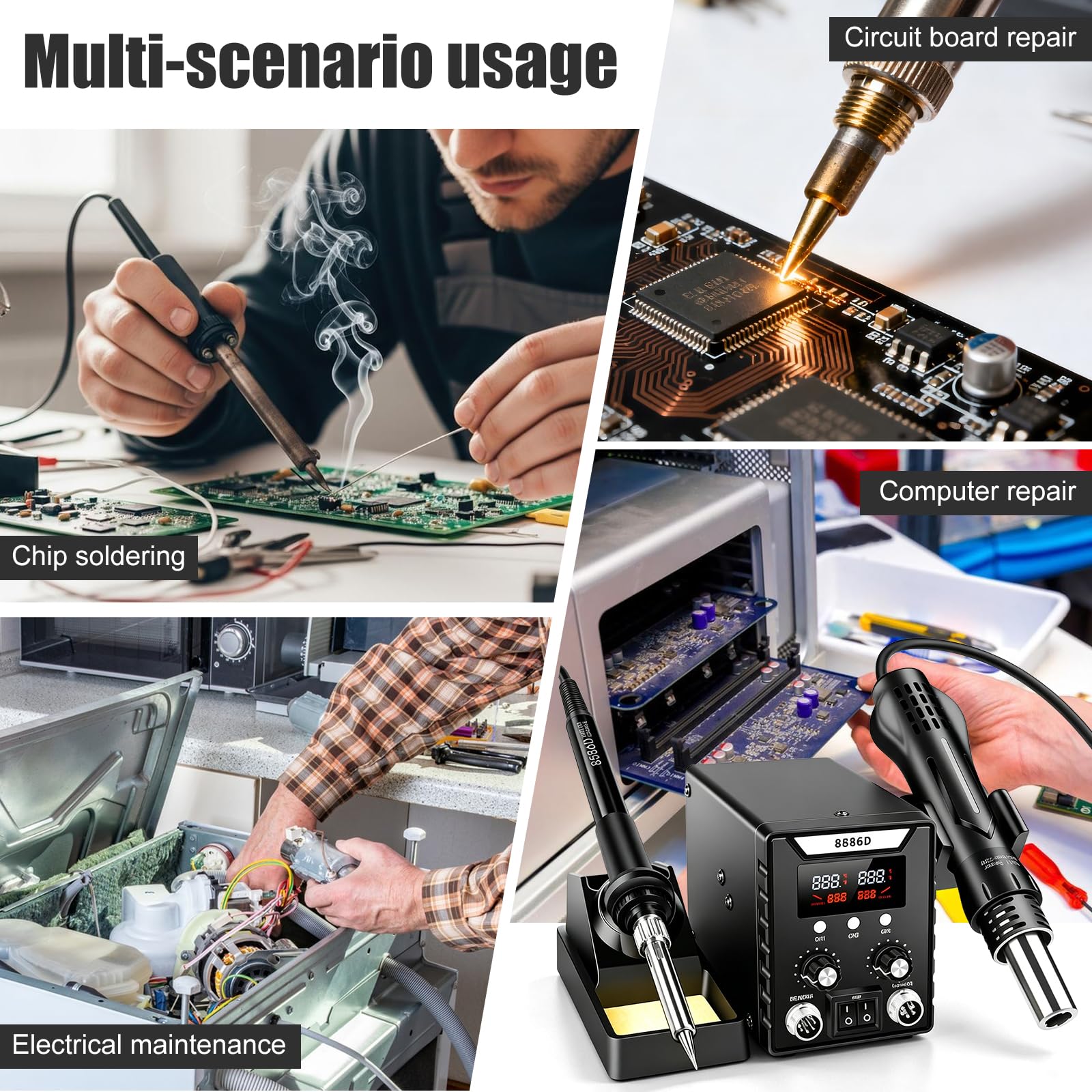 Stazione di saldatura, 2 in 1, stazione saldatrice ad aria calda, set 8586D, 600 W, stazione dissaldante Soldering Station 180-500 ℃, temperatura regolabile e volume dell'aria, set di saldatura per