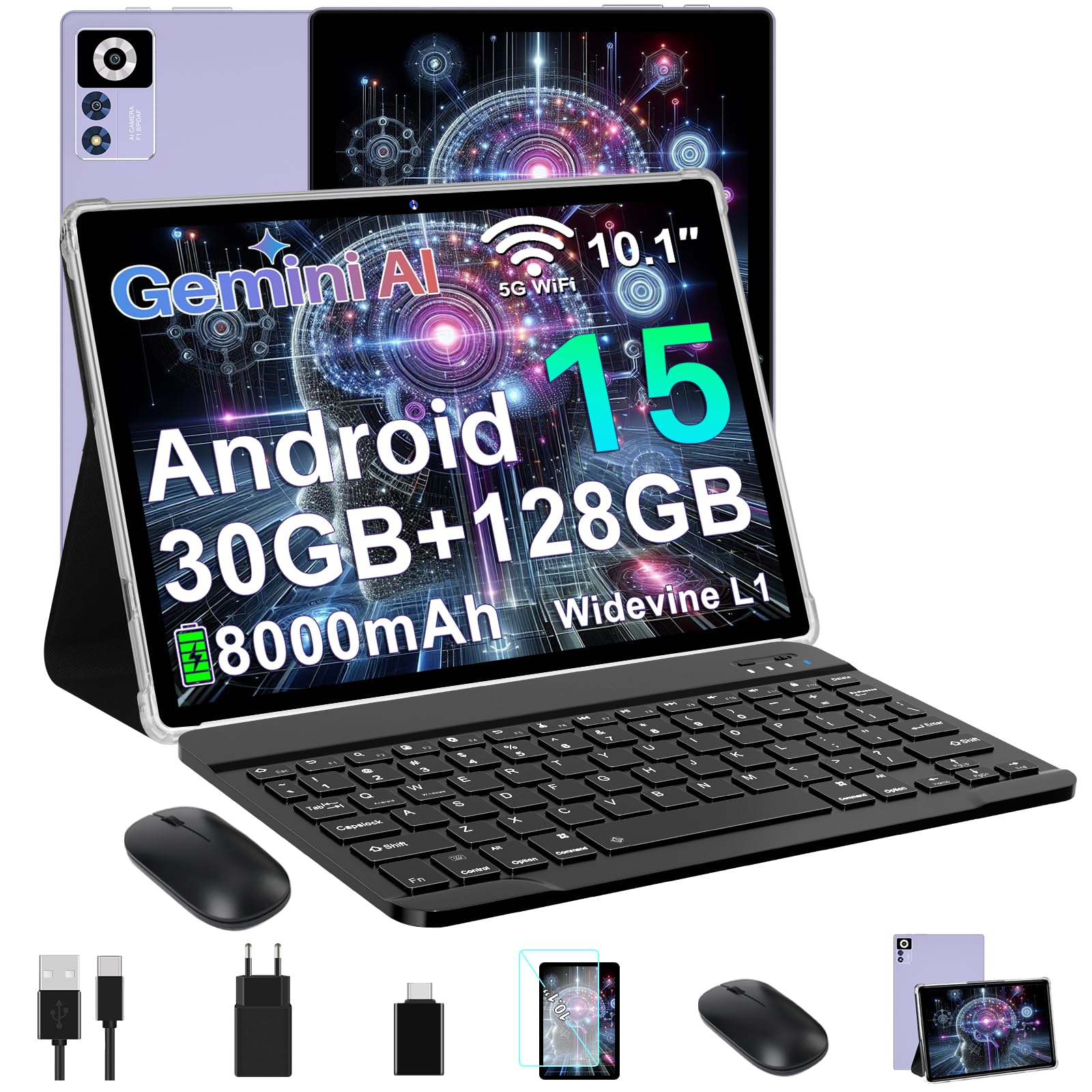 ZIOVO Tablet 10 Pollici Android 15,30GB RAM+128GB ROM(TF 1TB),5G WiFi Tablets,Octa-Core 2.0 GHz/Gemini AI/Widevine L1/8000 mAh/Bluetooth 5.0/GPS/Face ID/2 in 1 Tablet con Tastiera e Mouse-Viola