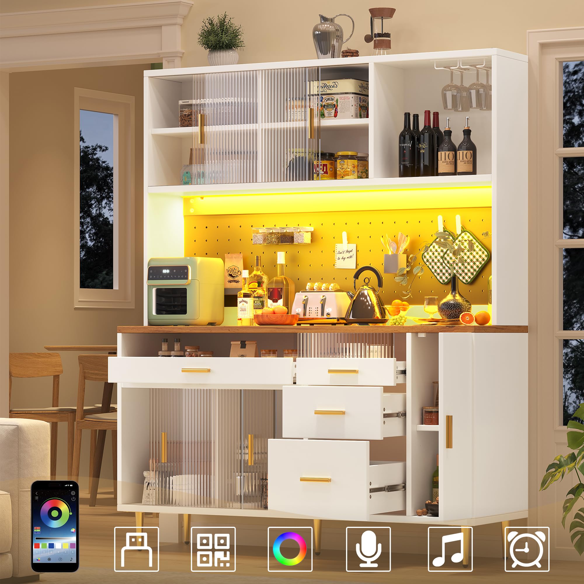 Kebnor Hochschränke fürs Wohnzimmer(145×24×171cm), Küchenschrank,Esszimmerschrank,Schränke mit LED-Beleuchtung,Hoher Schrank mit Lochwandregalen (Weiß)