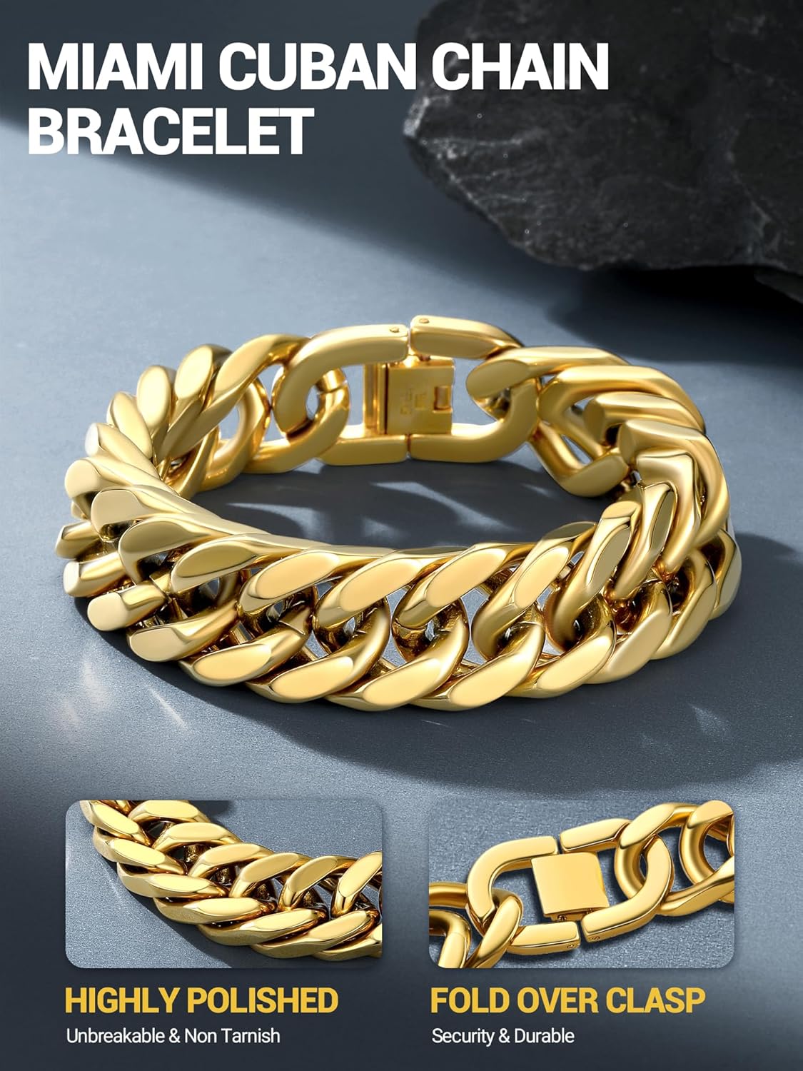 PROSTEEL Stainless Steel Franco Chain Bracelet, Trendy Chunky Bracelets for Men Women, Black/18K Gold Plated, W: 8mm/12mm/17mm, L: 7.5"/8.3"/9", Come Box - Image 4