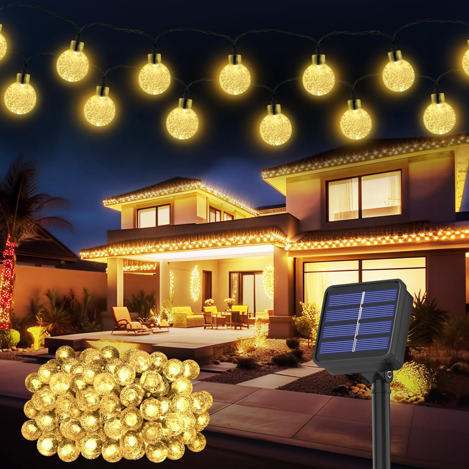 Realky Guirnaldas Luces Exterior Solar, 18M 100 LED Guirnalda Luces Solares con Función de Memoria, 8 Modos IP65 Impermeable Cadena de Luces Solar para Jardín, Patio, Navidad, Fiesta (Blanco Cálido)