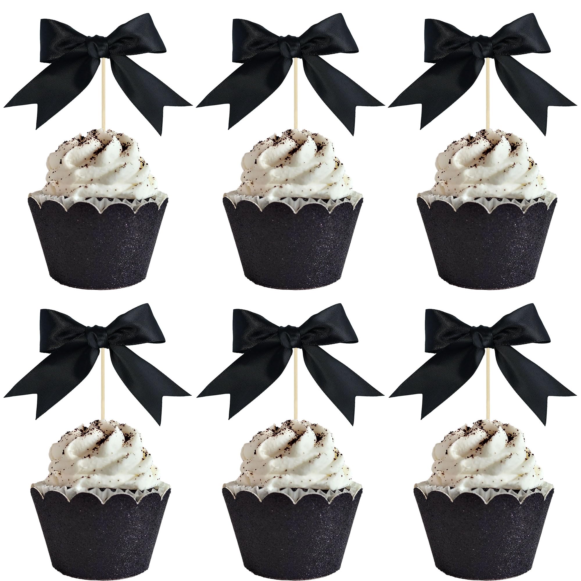 Gyufise 24Pcs Bow Cupcake Toppers Coquette Bow Girls Birthday Cake Decorations Bowknot Cake Toppers Bowknot Cupcake Picks for Baby Shower Birthday Wedding Bridal Engagement Party Supplies Black