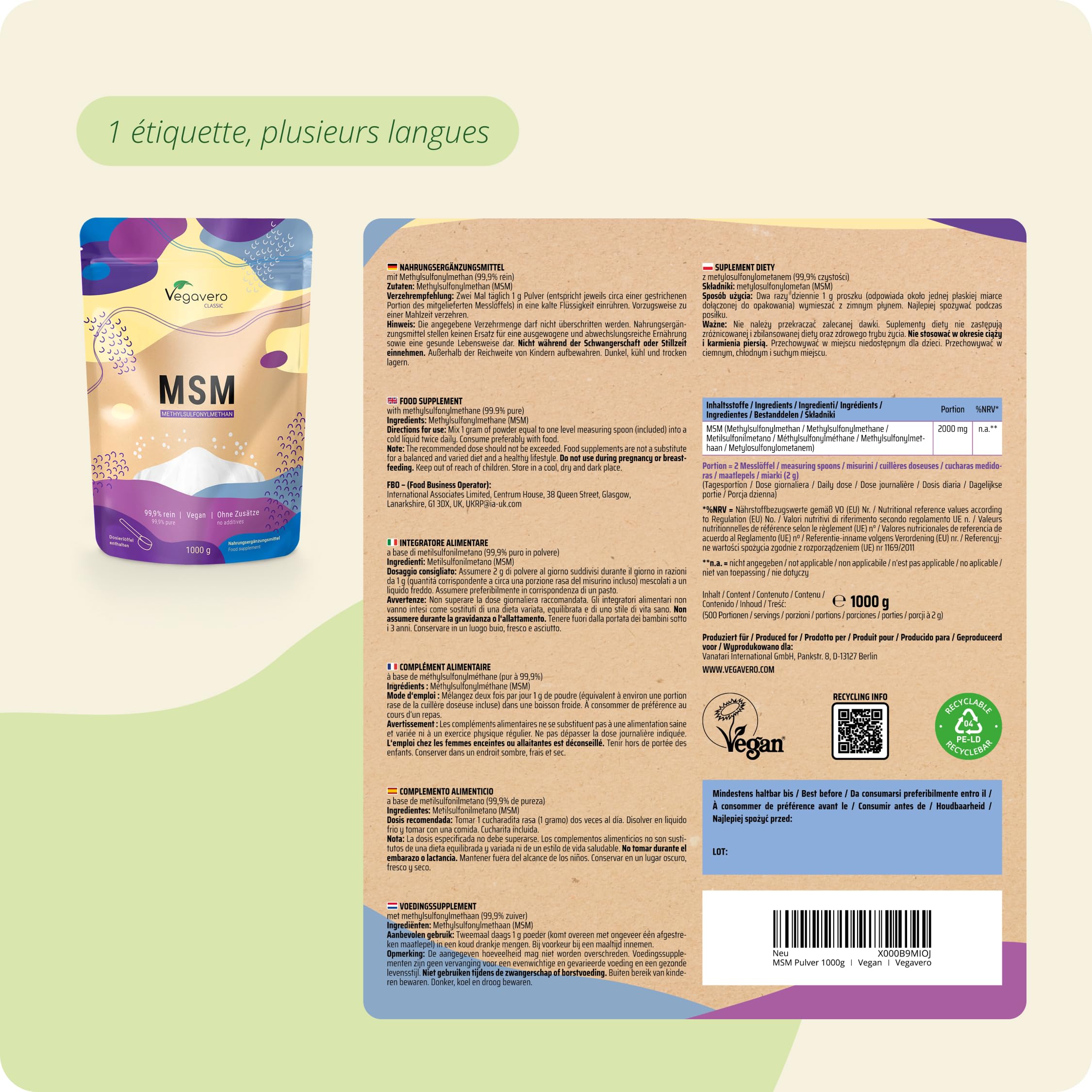 MSM Vegavero® Poudre | 1 Kg Méthylsulfonylméthane Pur à 99,9% | Sans Additifs & VEGAN | Formation de Collagène | Testé en Laboratoire | Format Sachet ou Boîte