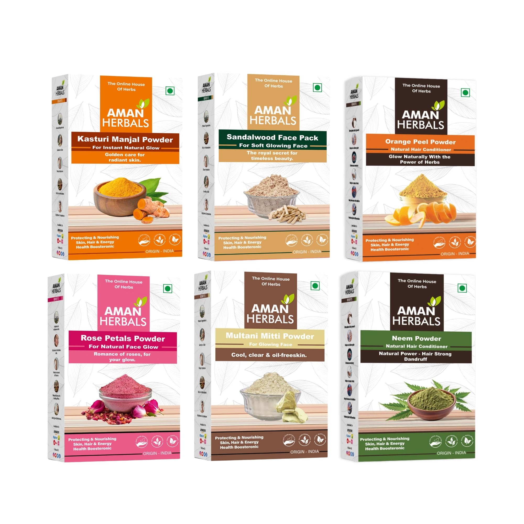 AMAN HERBALS - Skin Care Combo Pack - 6 Natural Powders (Sandalwood, Orange Peel, Neem Leaf, Rose Petal, Multani Mitti & Kasturi Turmeric) 100gm Each