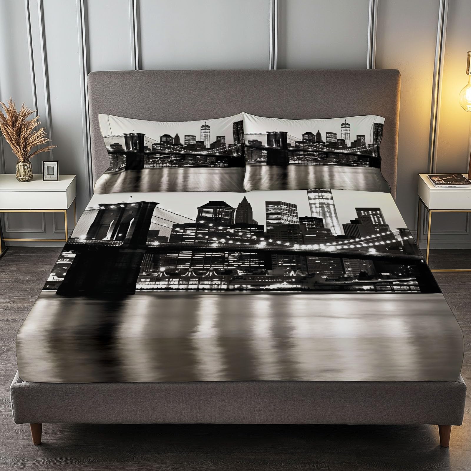 Pościel z narożnikami Vintage plakat Nowy Jork Brooklyn Bridge 3D czarno-białe prześcieradło z gumką oddychające rozciągliwe prześcieradło z mikrofibry ochraniacz na materac 180 x 200 cm, głębokość