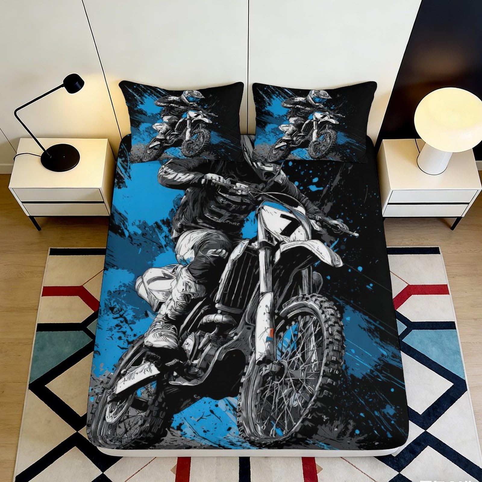 3D Printed Motocross Adventure Fitted Sheet Microfiber Blue Racing Motorcycle Bed Cover for Bedroom Dorm Decor 90x200x25cm