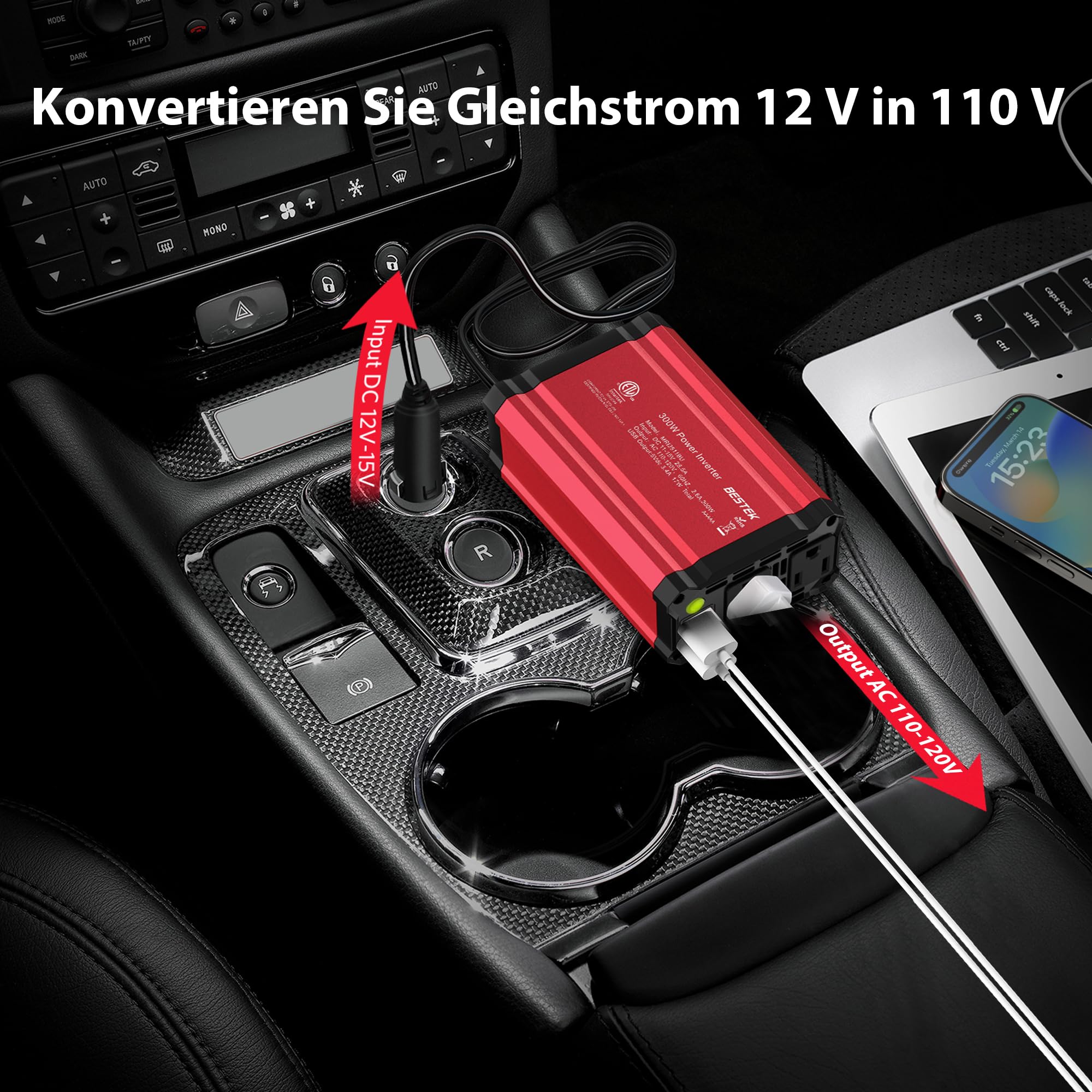BESTEK Inversor 12v 220v Onda Pura 300W,Transformador 12V a 220V Convertidor Onda con 1 AC Tomas Y 2 USB-C (PD30 W) 2 USB-QC (18 W) sinusoidal con Protección para Barco,Caravana,Coche