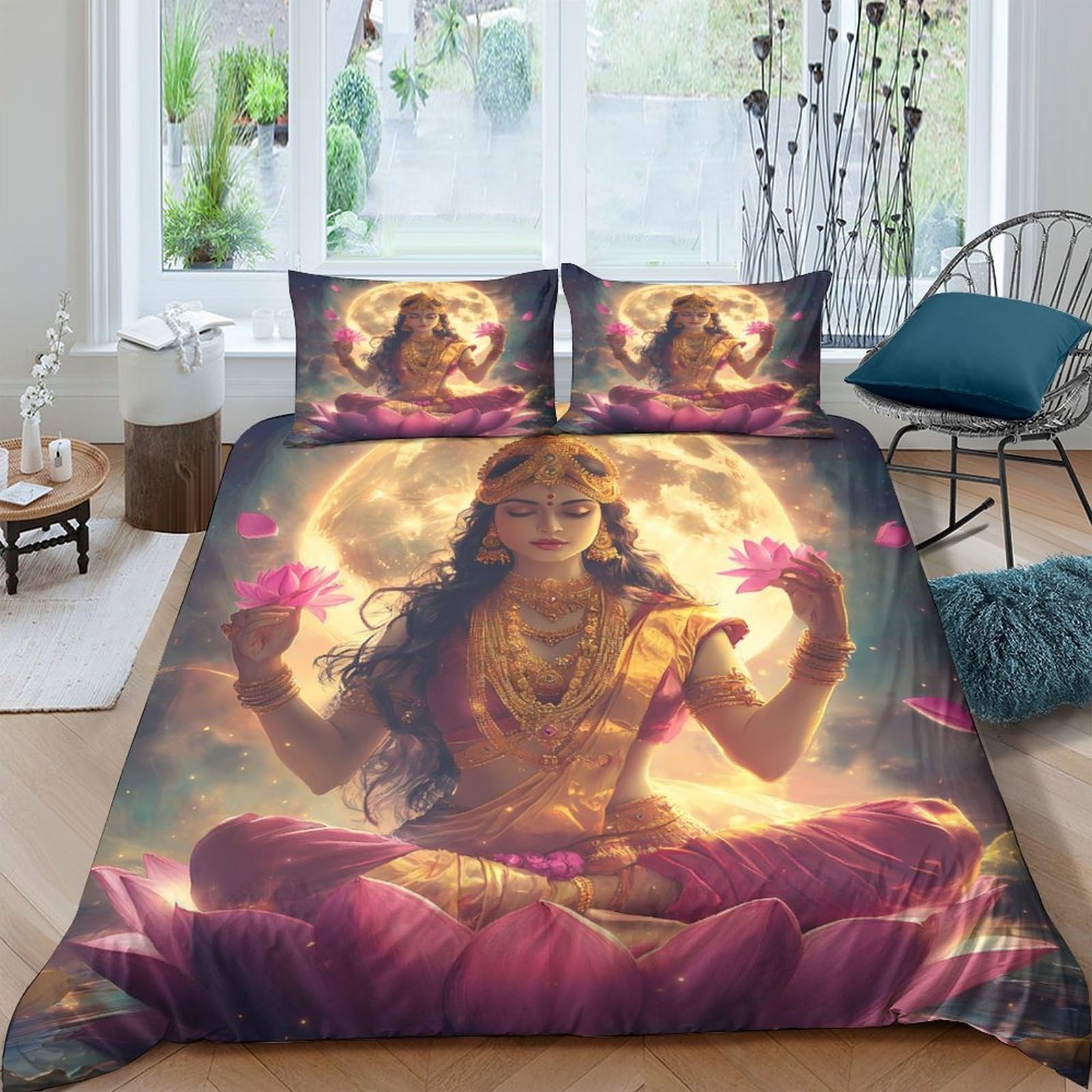 Ctjqhvkz Style-7 3D Printed Goddess Lotus Fitted Sheet Microfiber Soft Decor Indian Moon Bed Cover For Bedroom Dorm Mattress Protection Single（135X200cm）