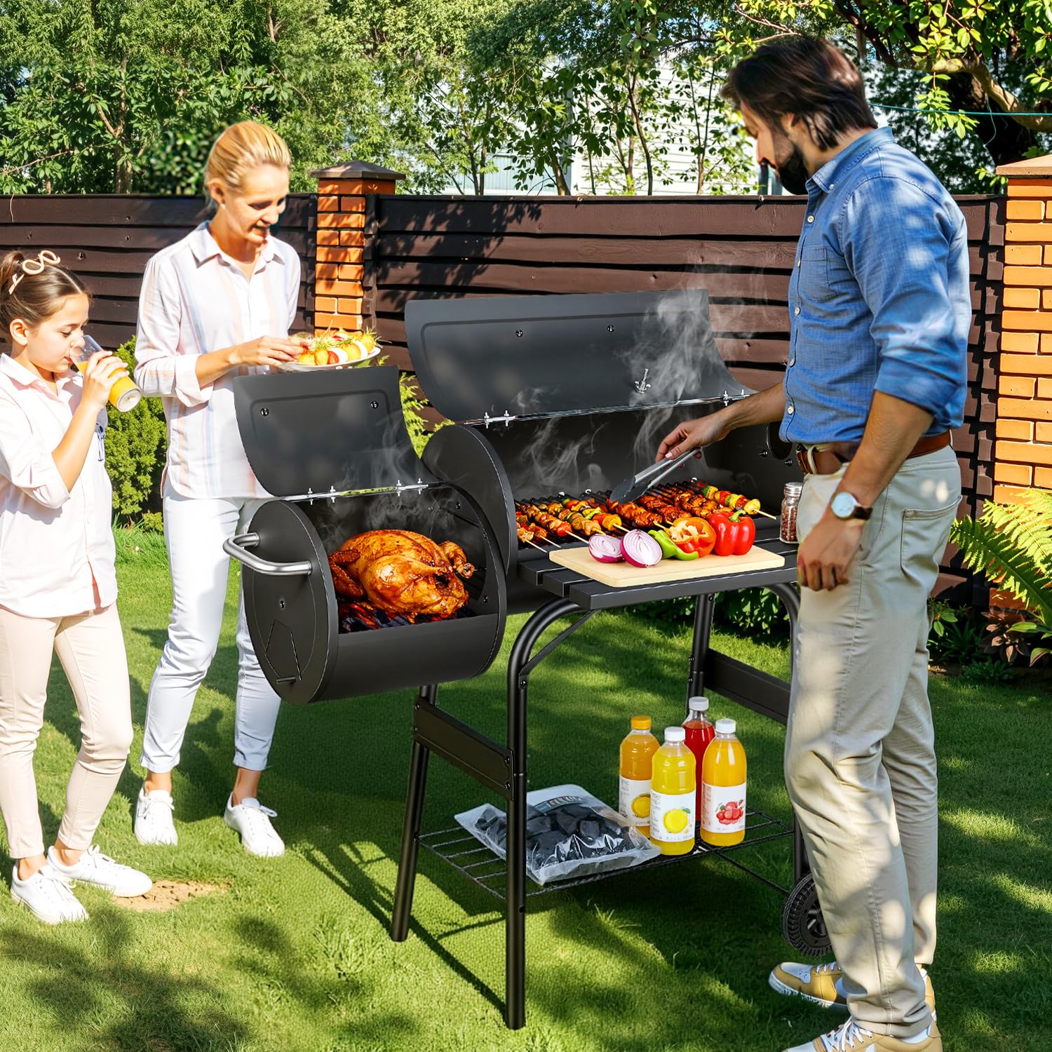 Barbacoa de carbón vegetal multifuncional con termómetro, ahumador y función de parrilla, barbacoa con tapa, ruedas, carro de barbacoa con regulación de aire