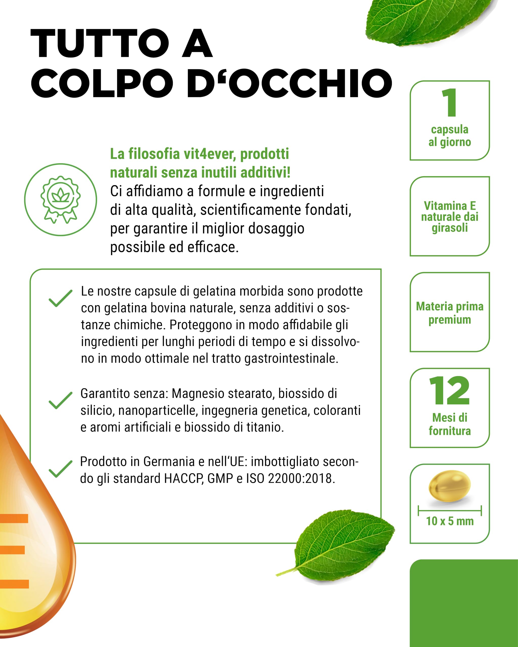 Vitamina E 400 U.I. naturale - 365 capsule softgel - Premium: Vitamina E naturale dai girasoli - Scorta per 12 mesi - Altamente dosata