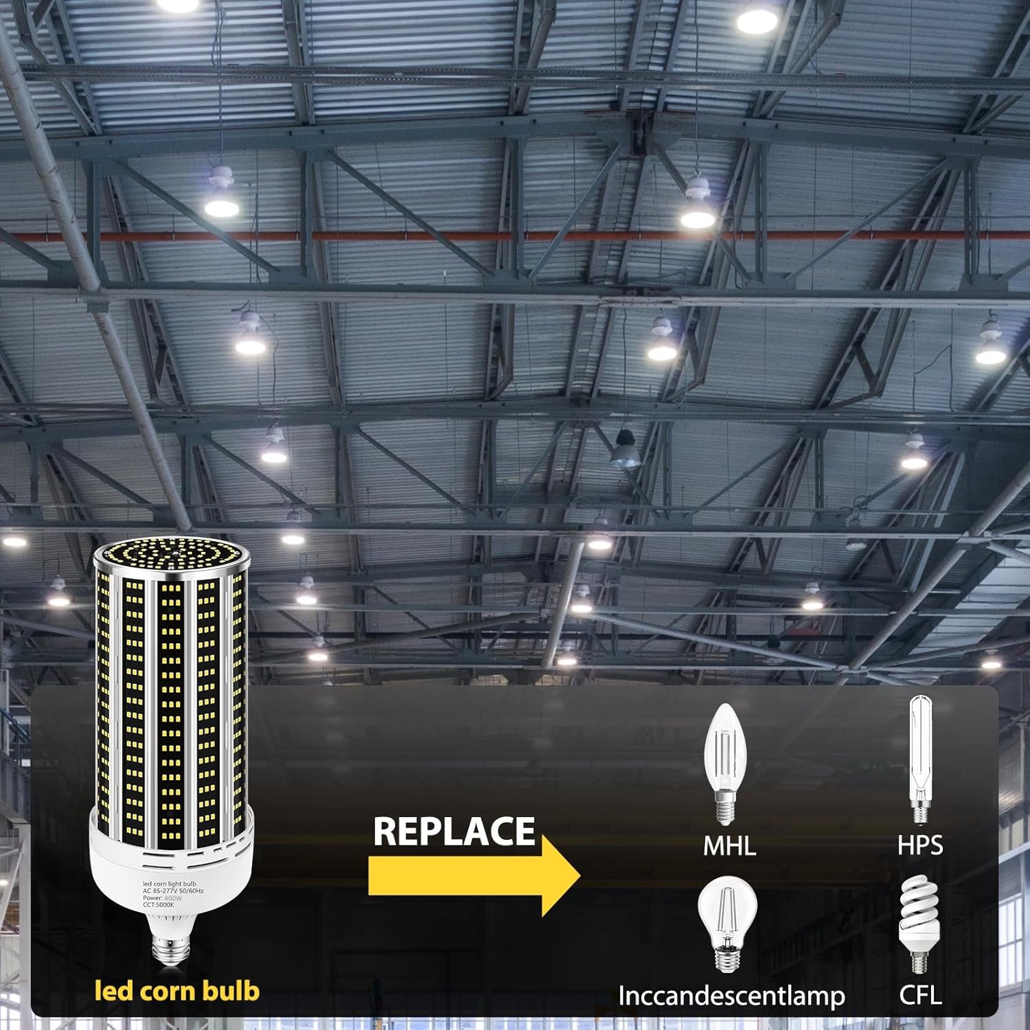 YANYCN 2 Pack 400W LED Corn Light Bulb,3850W Equivalent Commercial Grade 59000LM 5000K Daylight E26/E39 Medium/Mogul Base LED Lamp,Large Area Lights for Outdoor Indoor Garage Warehouse Gym Bay Light