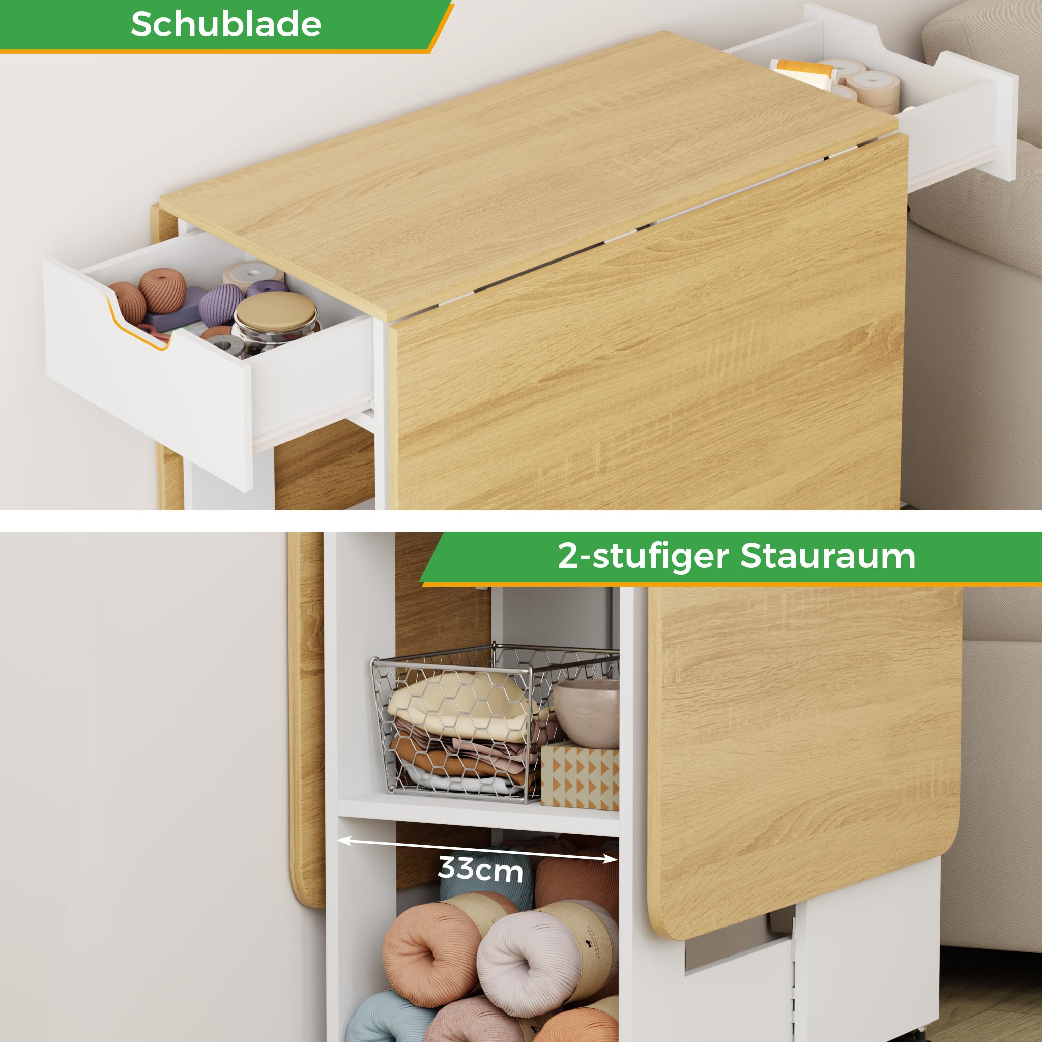 Mondeer Essgruppen, Klappbarer Esstisch mit 4 Stühlen und Schublade, Esstisch Set mit Rollen und 2 Offenen Ablagen, für Kleine Räume Esszimmer Küche, 140 x 80 x 75 cm (Eiche und Weiß)