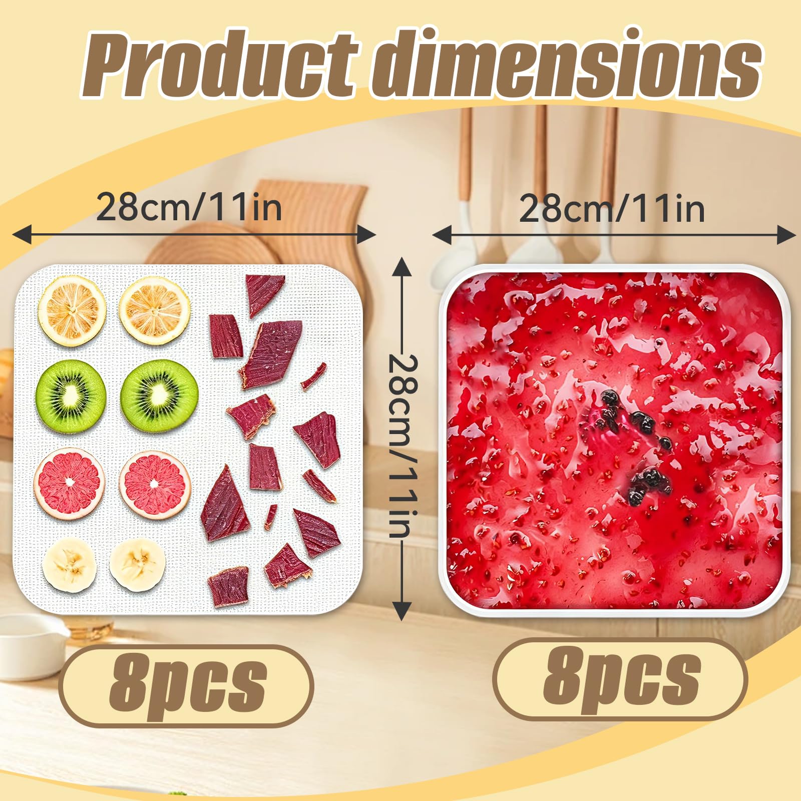 16 Pezzi Fogli Disidratatore in Silicone, 28 x 28 cm Pellicole Antiaderenti con Bordo, Riutilizzabili BPA-Free, Tappetini a Rete per Essiccatore di Frutta, Alimenti, Cottura al Forno