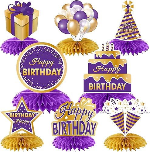8 piezas de decoración de cumpleaños de color morado y dorado para mujeres y niñas, centros de mesa de cumpleaños morados, suministros de fiesta,