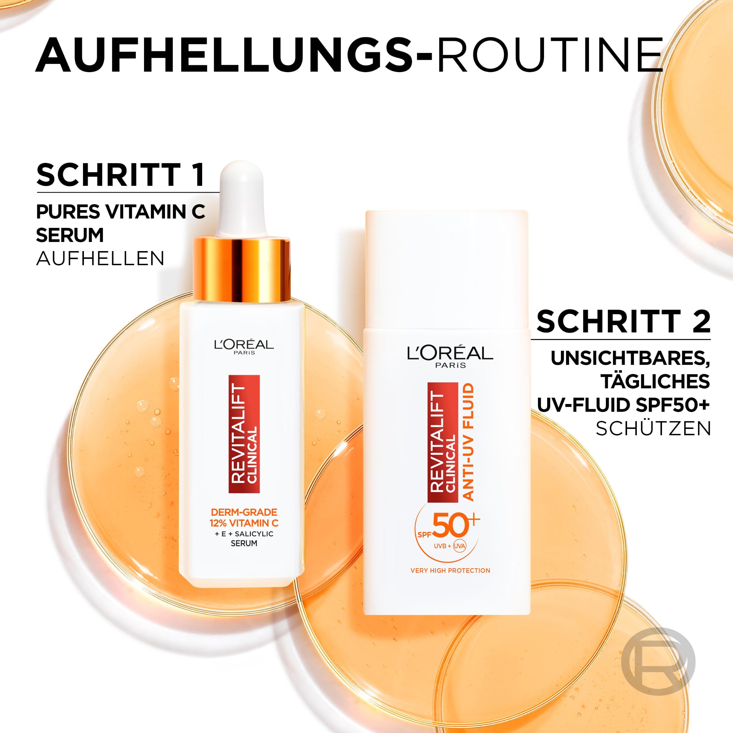 L'Oréal Paris Gesichtspflege-Set mit Vitamin C Serum und Anti-UV-Fluid mit LSF 50+, Für einen strahlenden Hautton, Gegen erste Anzeichen der Hautalterung, Revitalift Clinical Vitamin C, 30 ml + 50 ml
