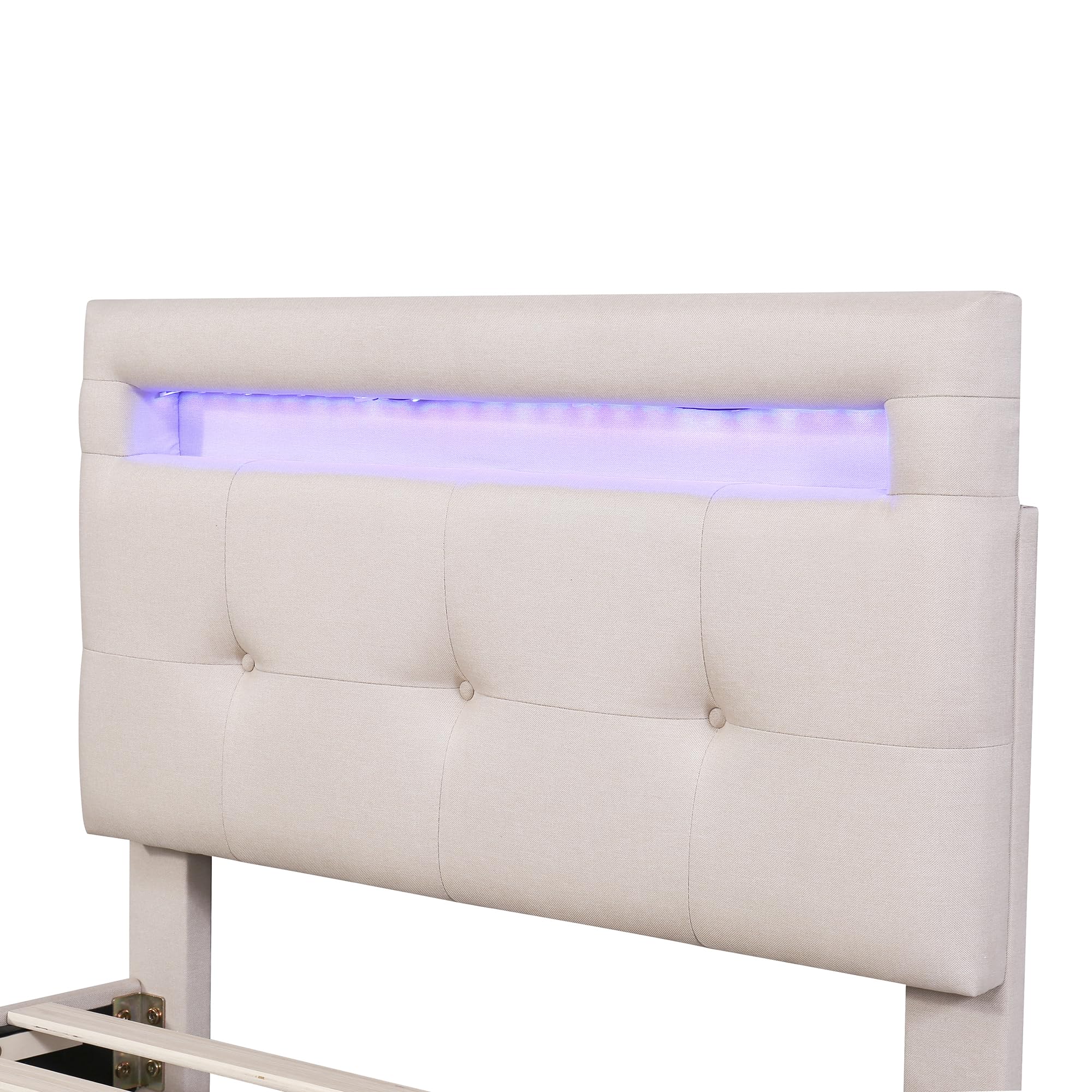 Idemon Cama tapizada de 90 x 200 cm con luces LED, 2 cajones, acolchado de lino agradable para la piel, cama individual, cama infantil, cama de invitados, color beige
